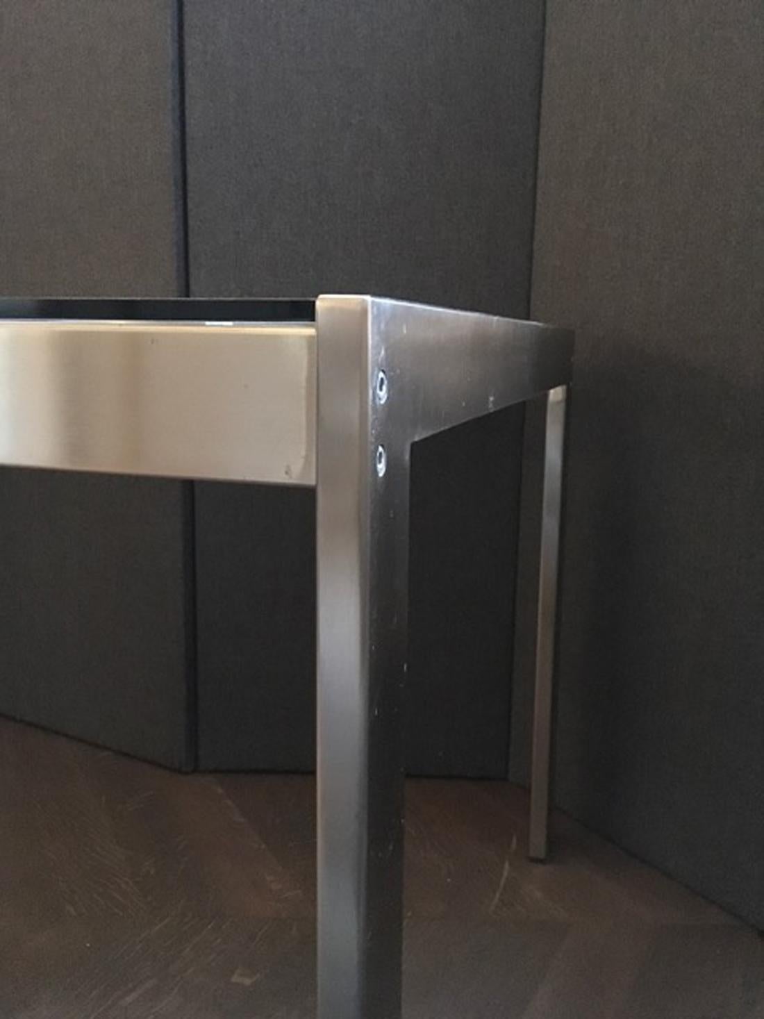Mid-Century Modern Italian Design Brushed Steel Clear Crystal Square Table or Desk 