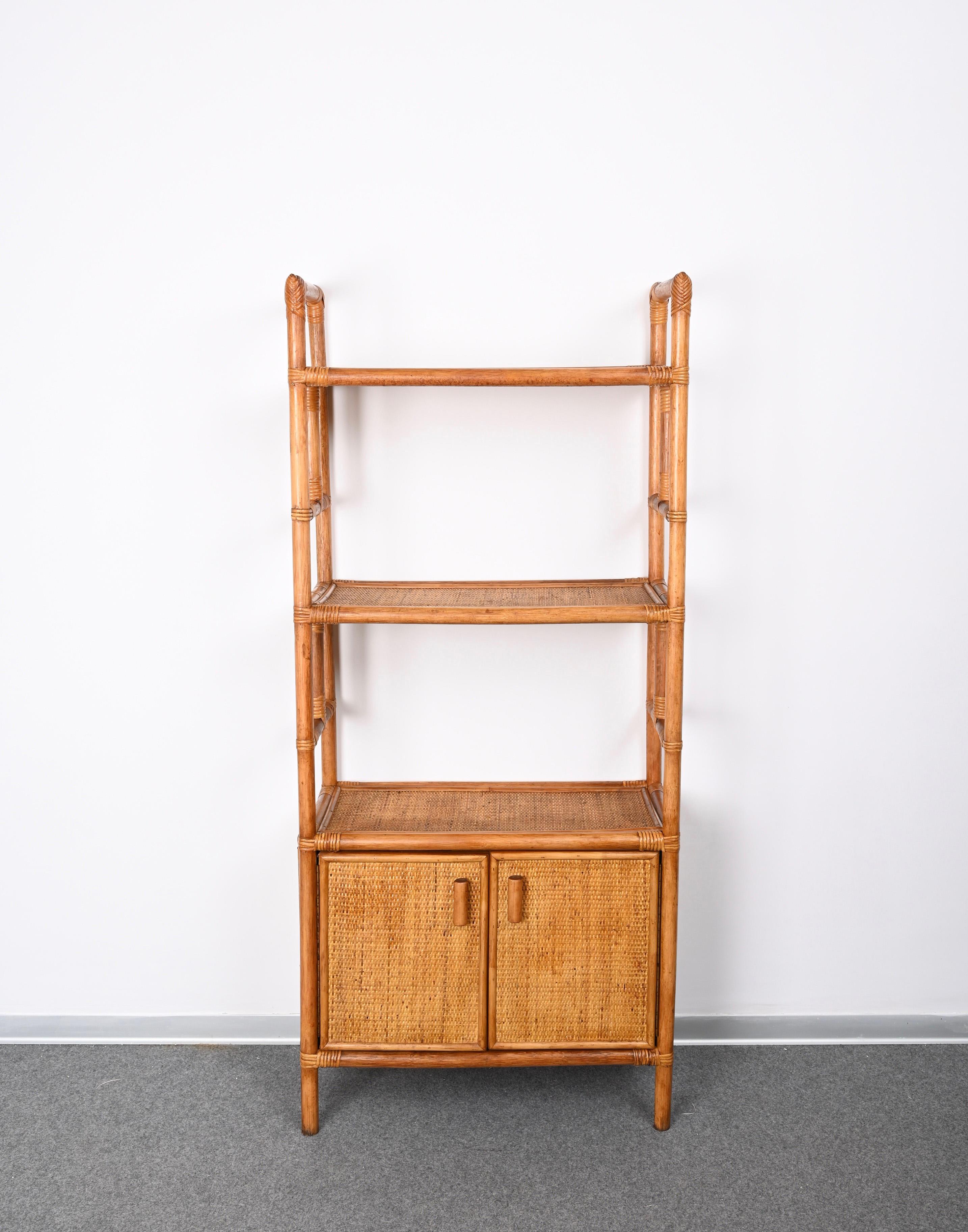 Midcentury Italian Modern Rattan and Bamboo Bookcase with Doors, 1970s 3