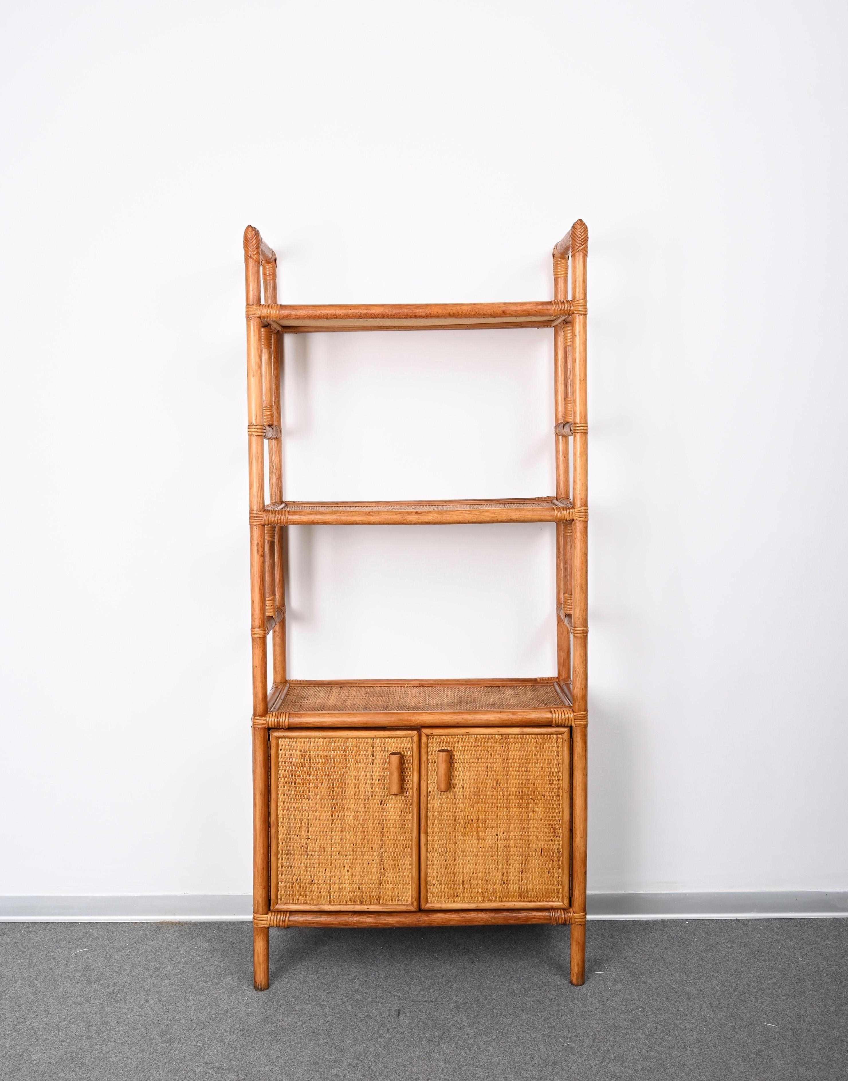 Midcentury Italian Modern Rattan and Bamboo Bookcase with Doors, 1970s 4