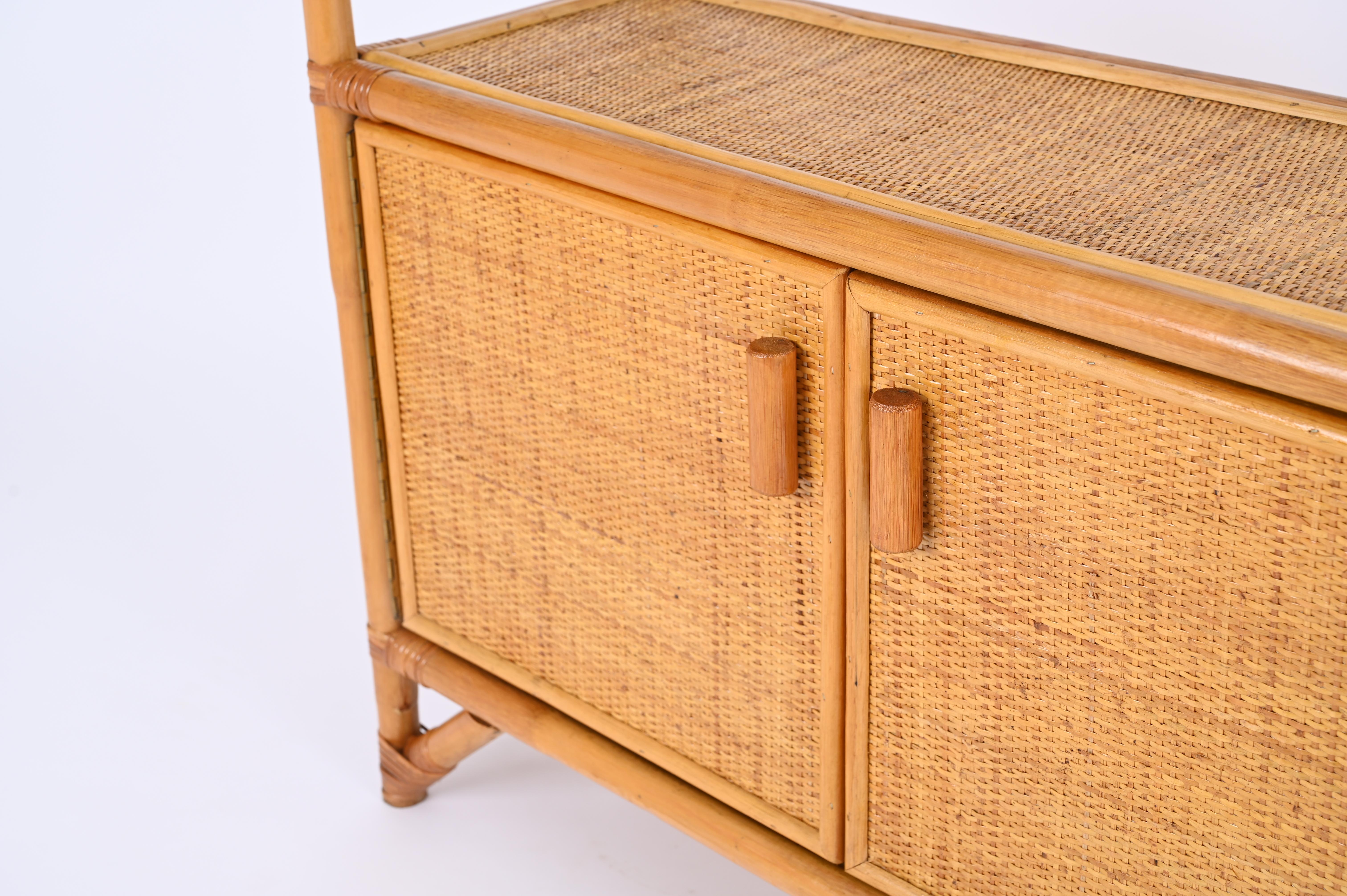 Midcentury Italian Modern Rattan and Bamboo Bookcase with Doors, 1970s For Sale 6