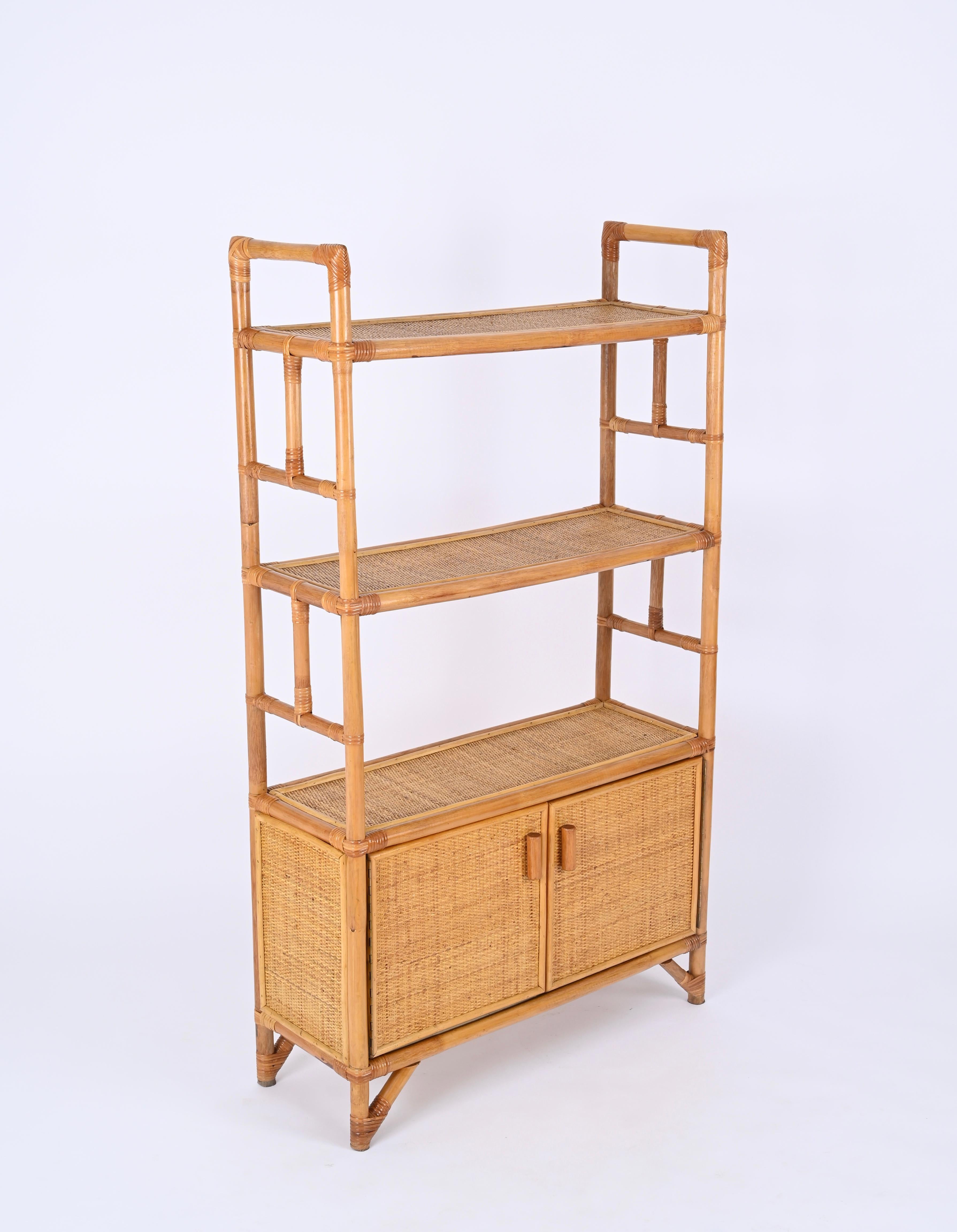 Midcentury Italian Modern Rattan and Bamboo Bookcase with Doors, 1970s For Sale 7