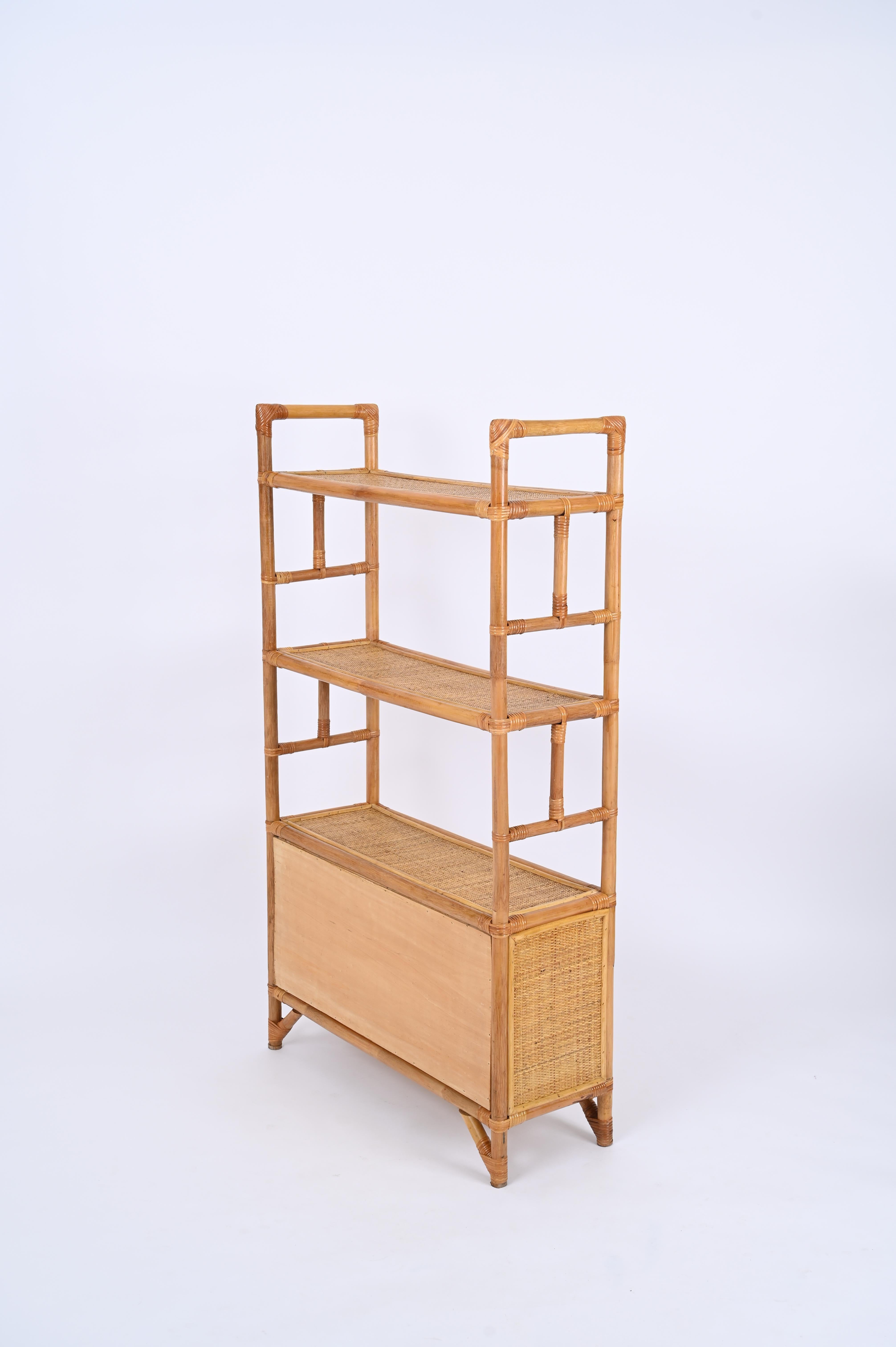 Midcentury Italian Modern Rattan and Bamboo Bookcase with Doors, 1970s For Sale 8