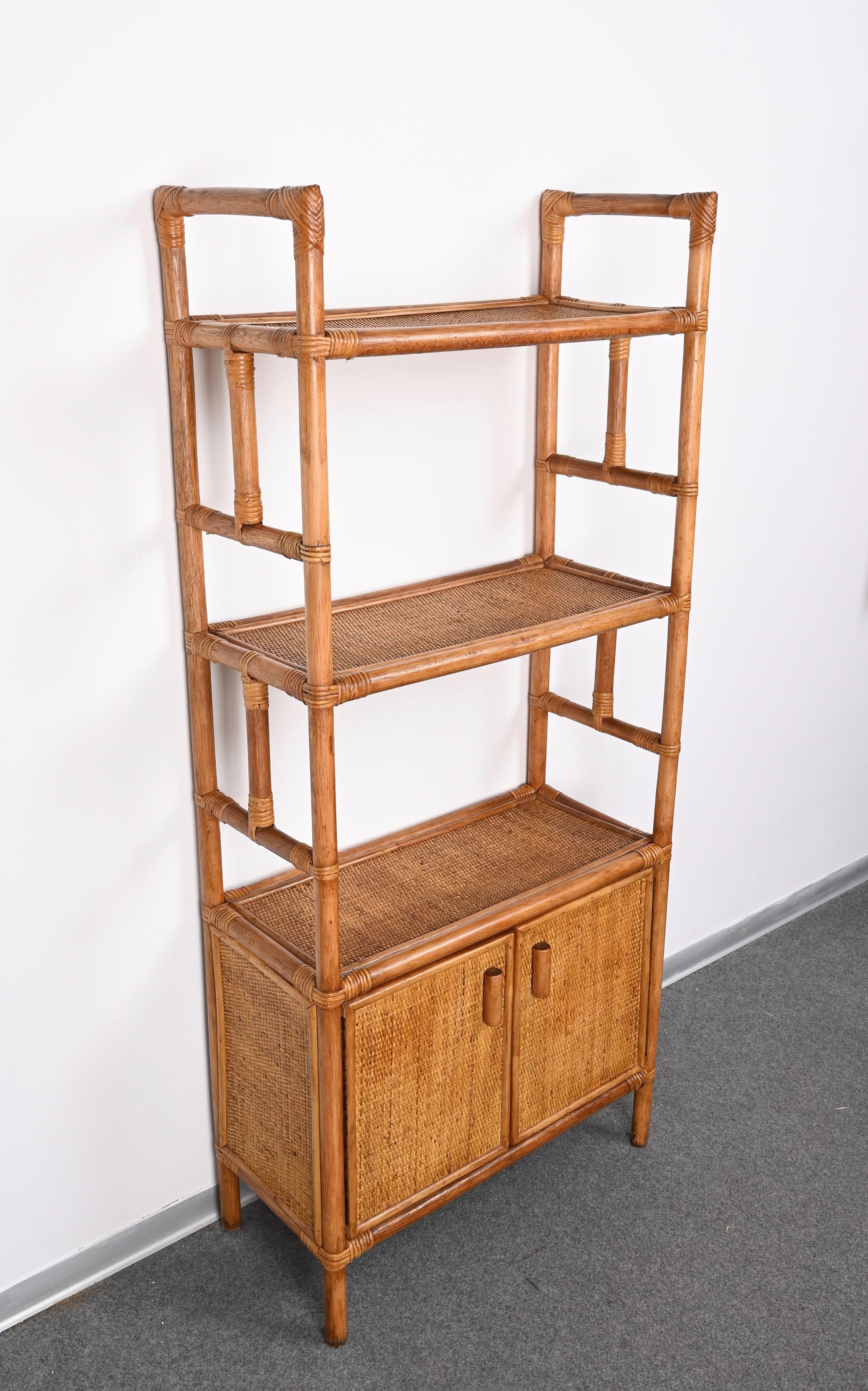 Midcentury Italian Modern Rattan and Bamboo Bookcase with Doors, 1970s 7