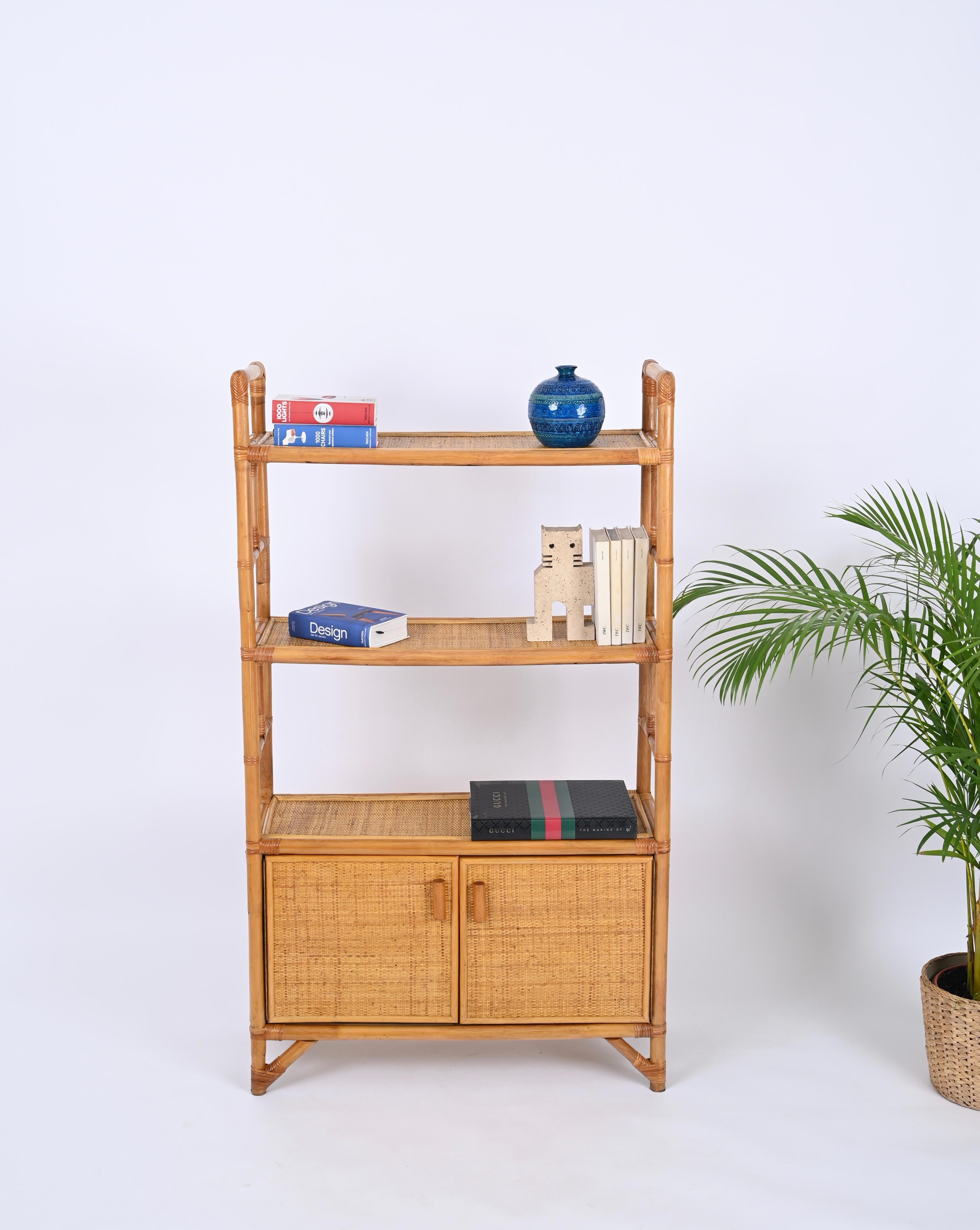 Midcentury Italian Modern Rattan and Bamboo Bookcase with Doors, 1970s For Sale 9