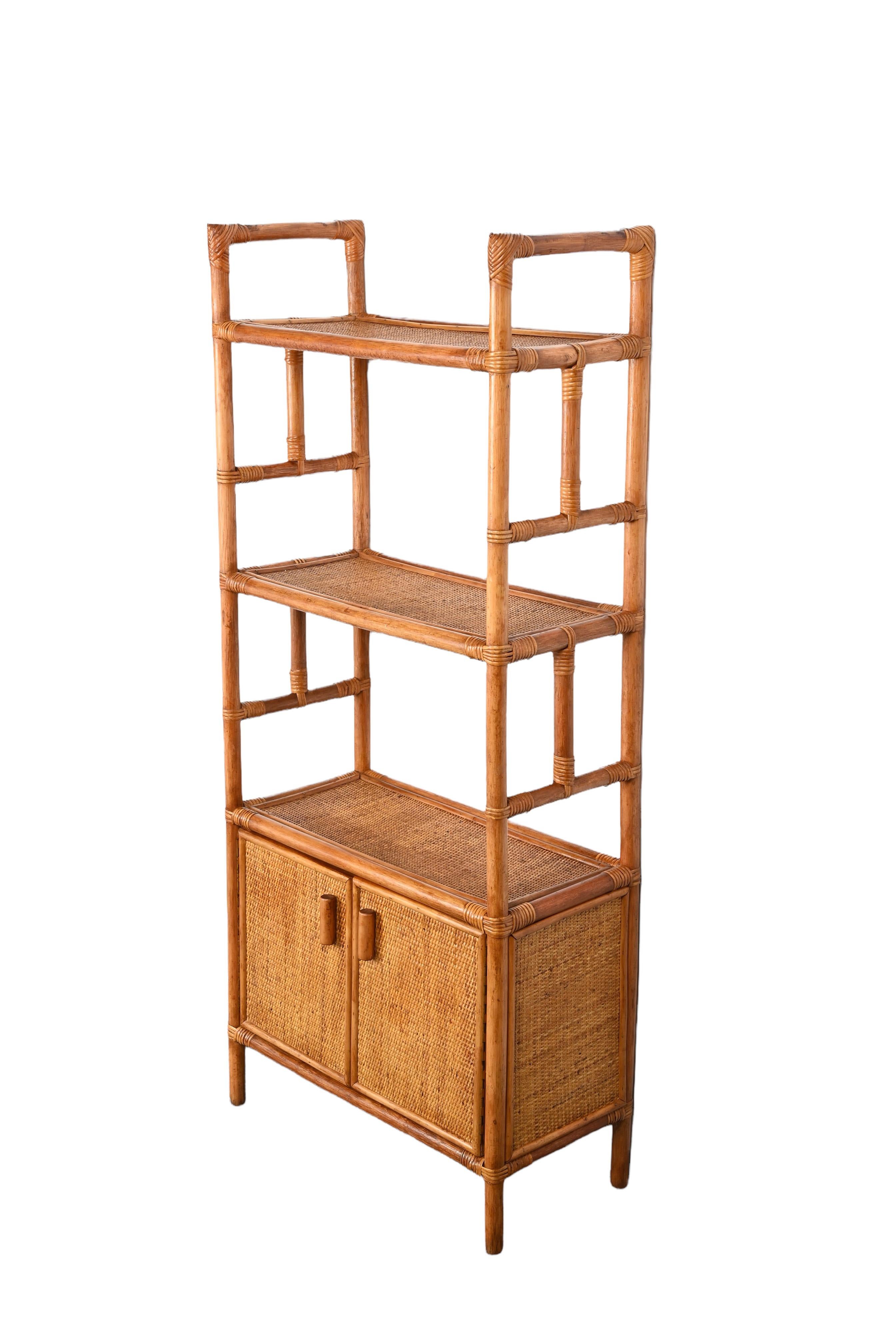 Midcentury Italian Modern Rattan and Bamboo Bookcase with Doors, 1970s 8