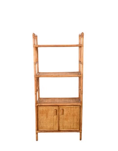 Midcentury Italian Modern Rattan and Bamboo Bookcase with Doors, 1970s
