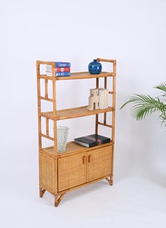 Midcentury Italian Modern Rattan and Bamboo Bookcase with Doors, 1970s