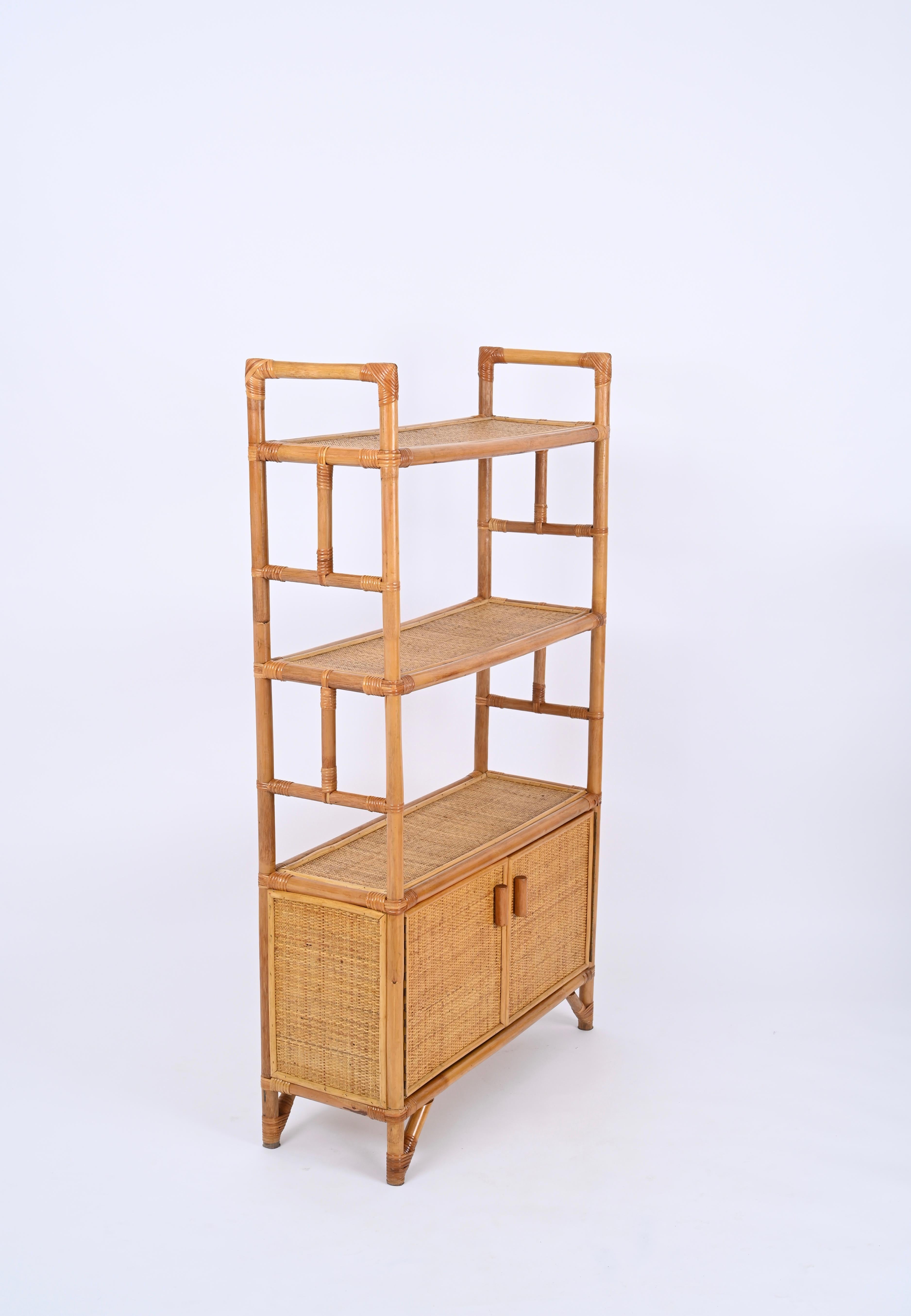 Mid-Century Modern Midcentury Italian Modern Rattan and Bamboo Bookcase with Doors, 1970s For Sale