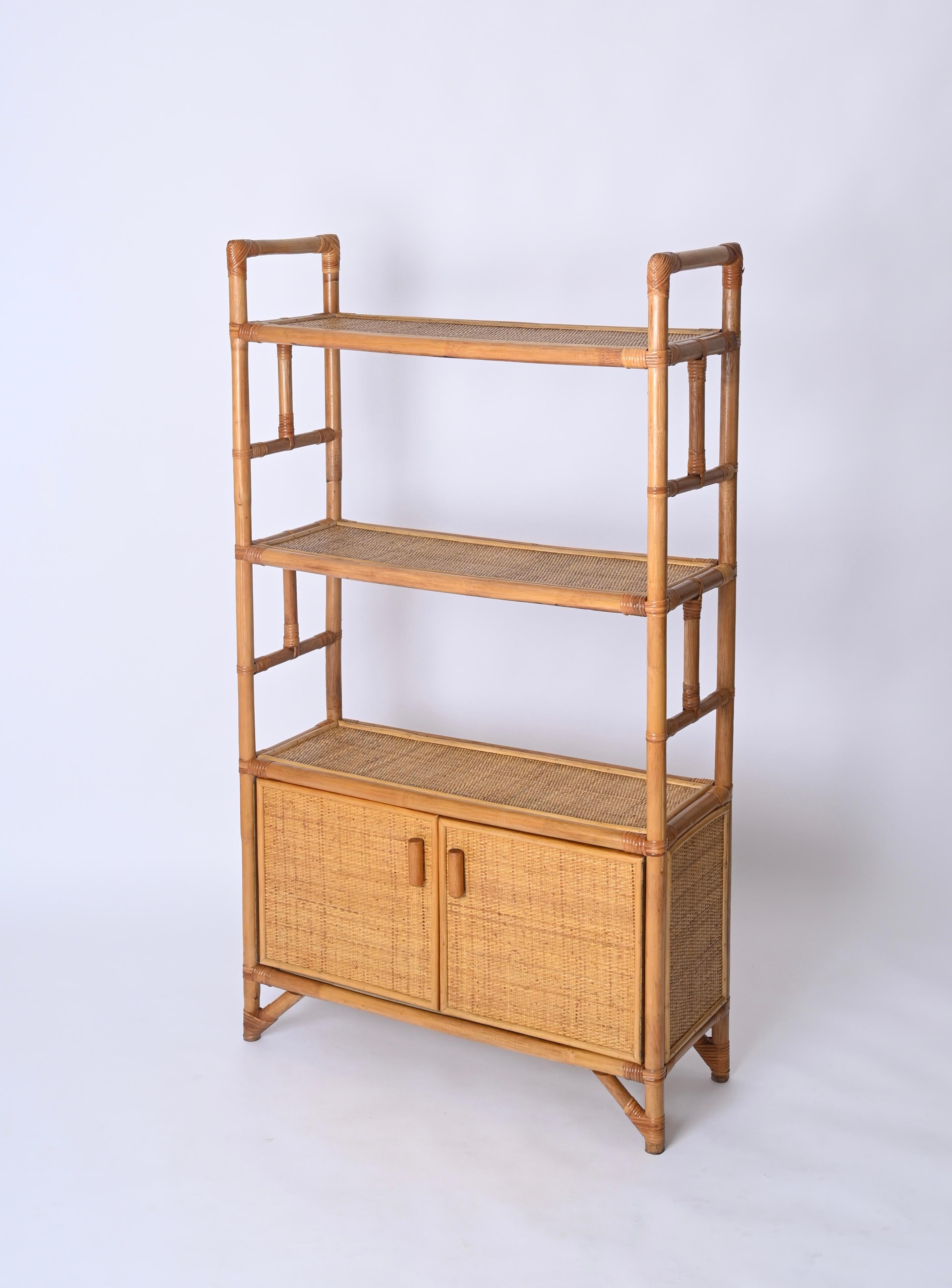 20th Century Midcentury Italian Modern Rattan and Bamboo Bookcase with Doors, 1970s For Sale