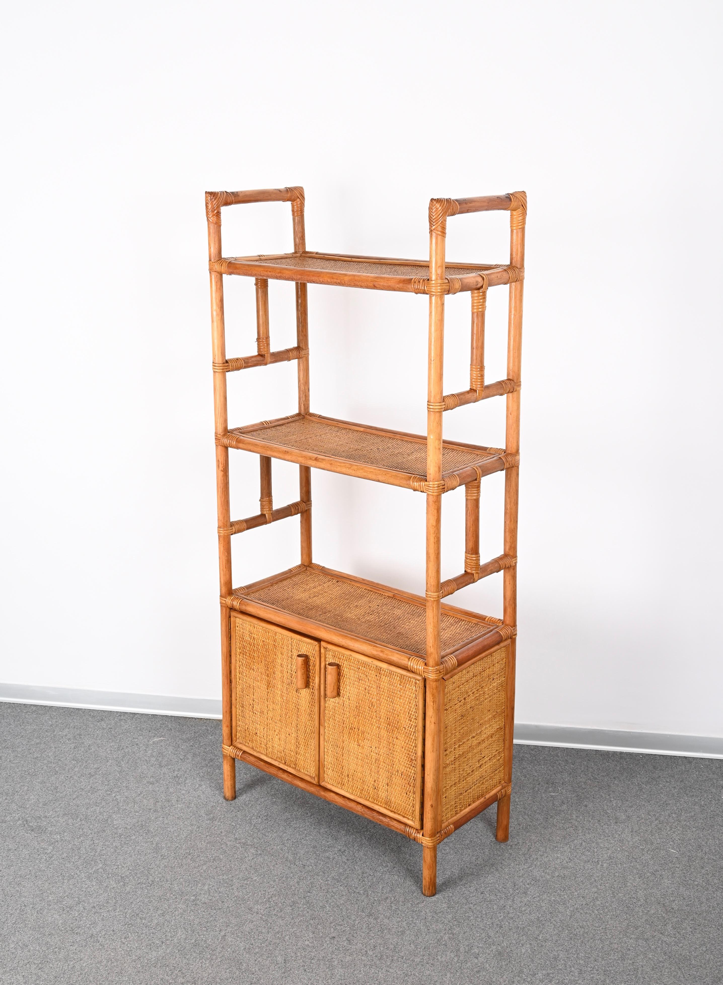 20th Century Midcentury Italian Modern Rattan and Bamboo Bookcase with Doors, 1970s
