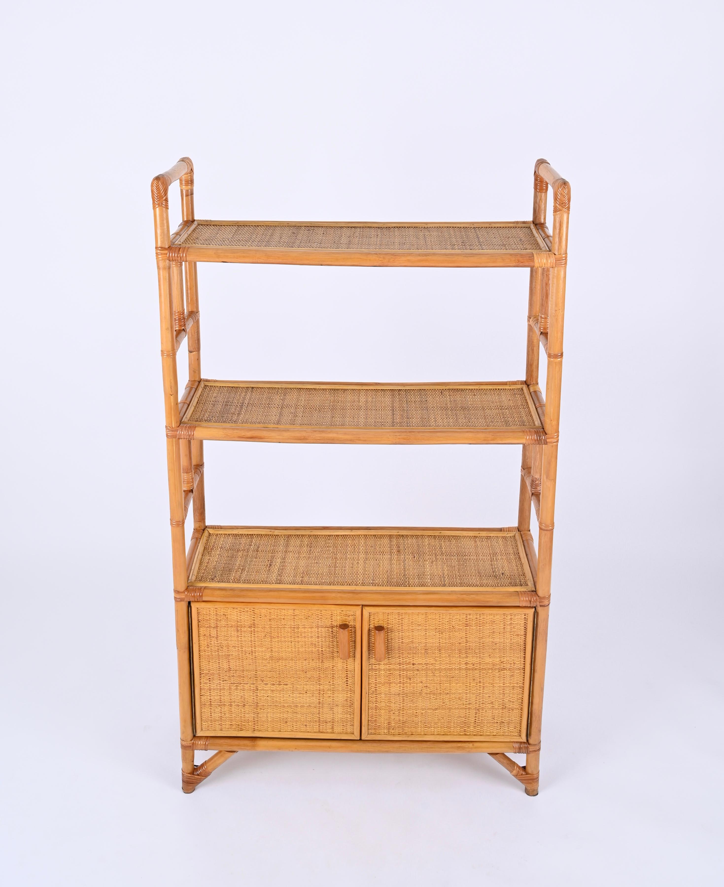 Midcentury Italian Modern Rattan and Bamboo Bookcase with Doors, 1970s For Sale 2