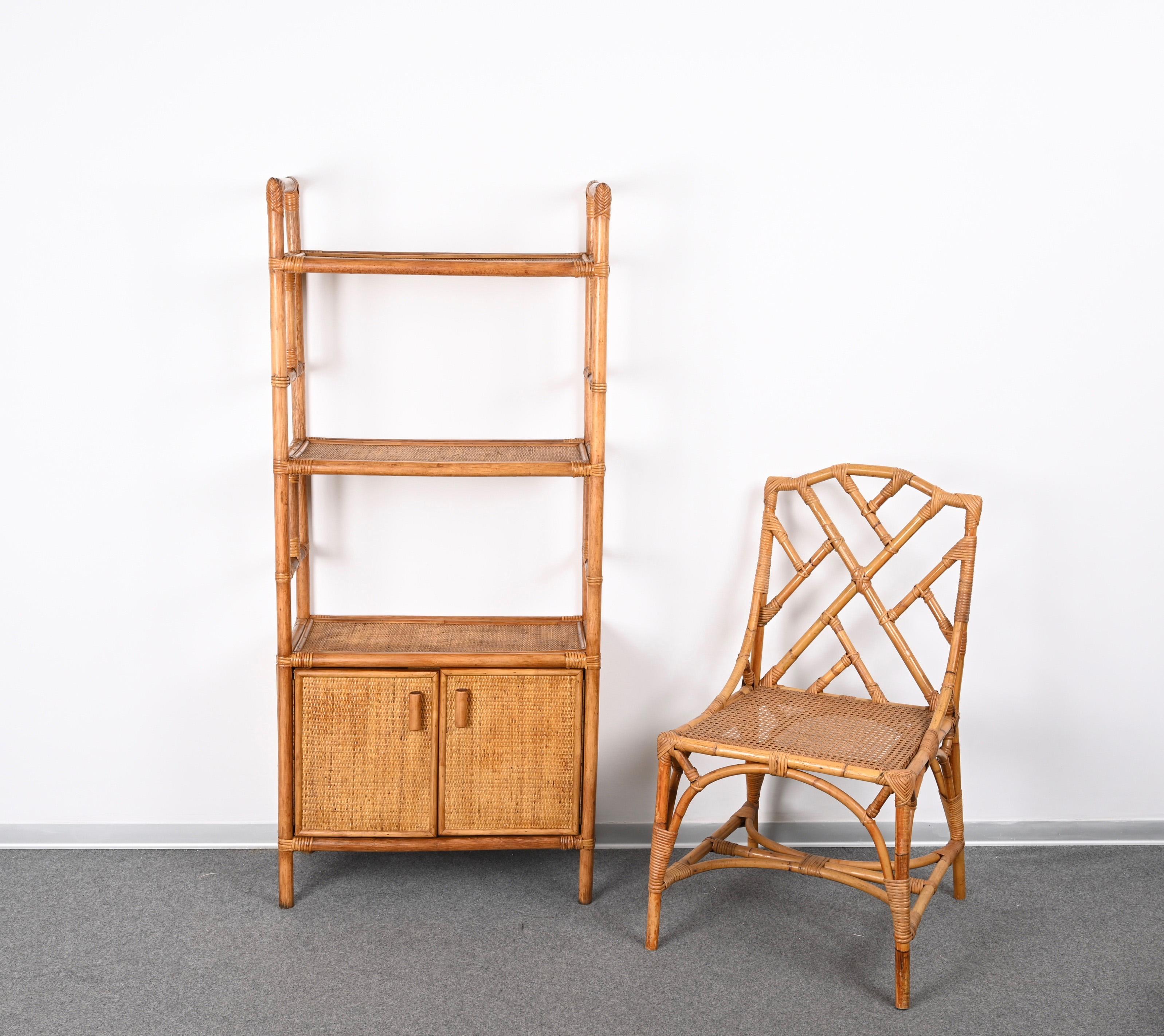 Midcentury Italian Modern Rattan and Bamboo Bookcase with Doors, 1970s 1