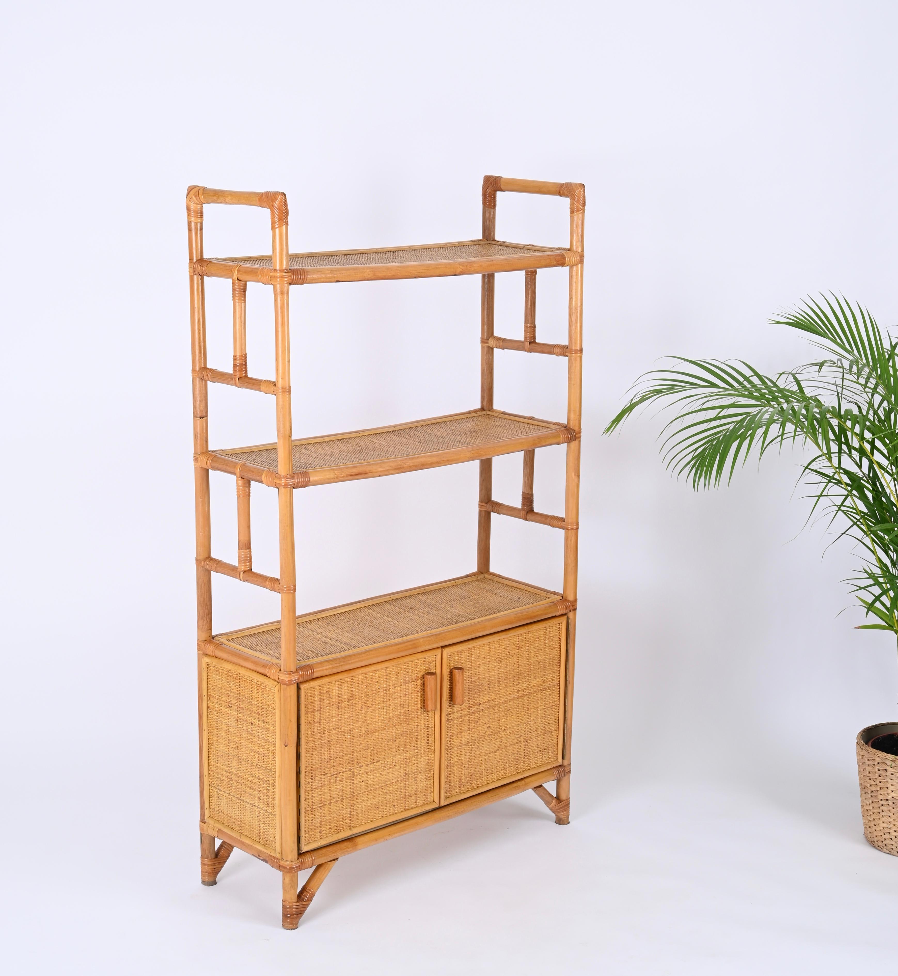 Midcentury Italian Modern Rattan and Bamboo Bookcase with Doors, 1970s For Sale 3