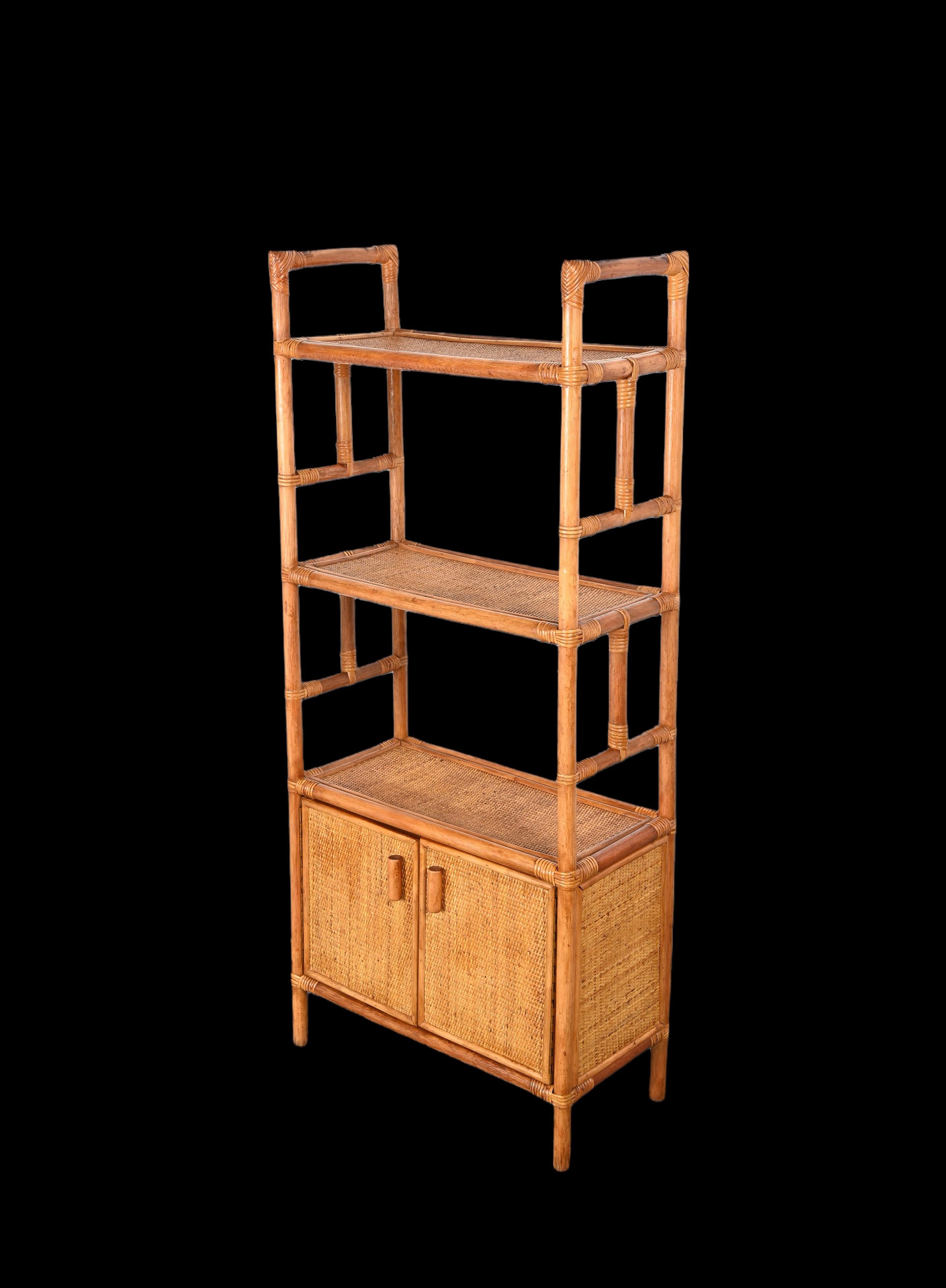 Midcentury Italian Modern Rattan and Bamboo Bookcase with Doors, 1970s 2