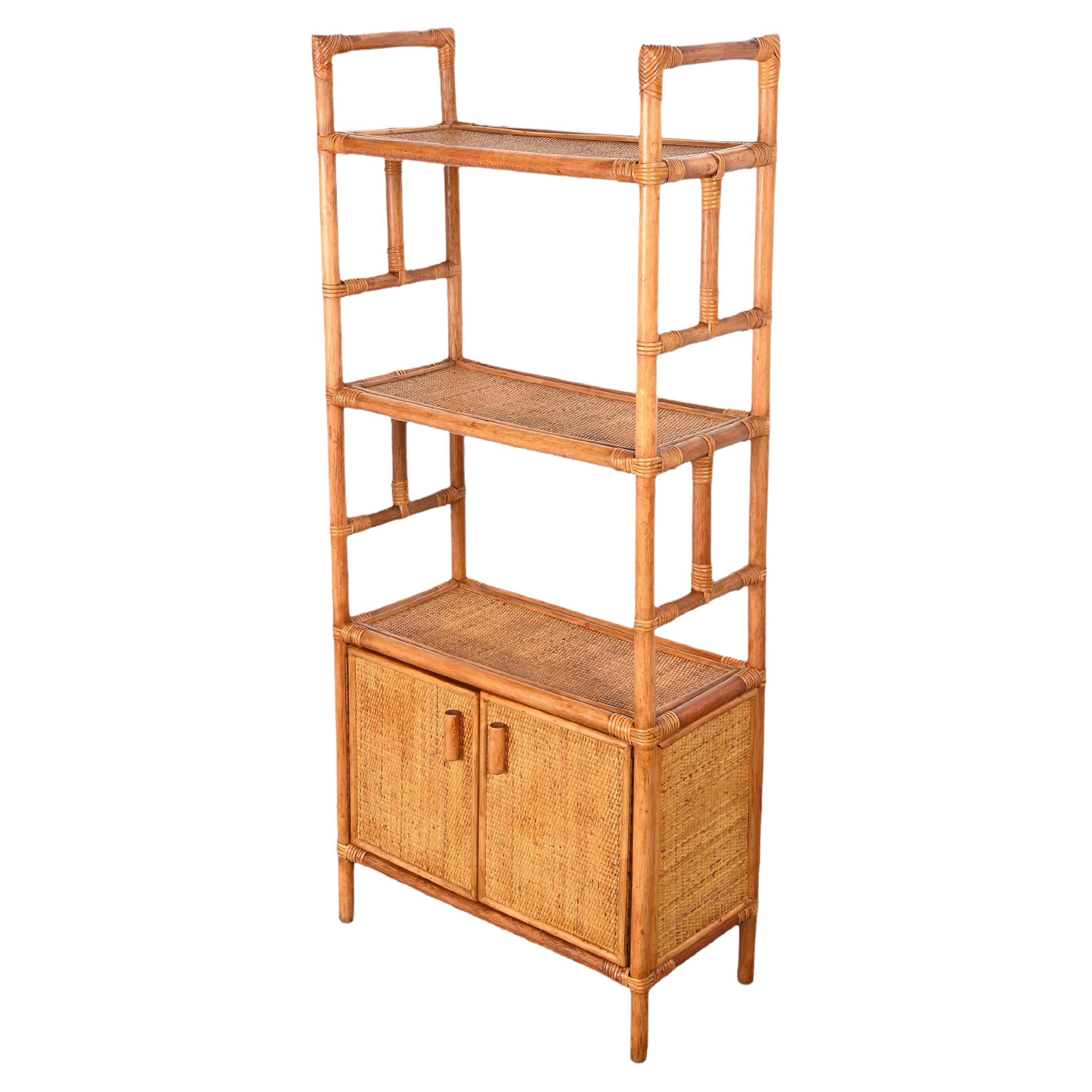 Midcentury Italian Modern Rattan and Bamboo Bookcase with Doors, 1970s