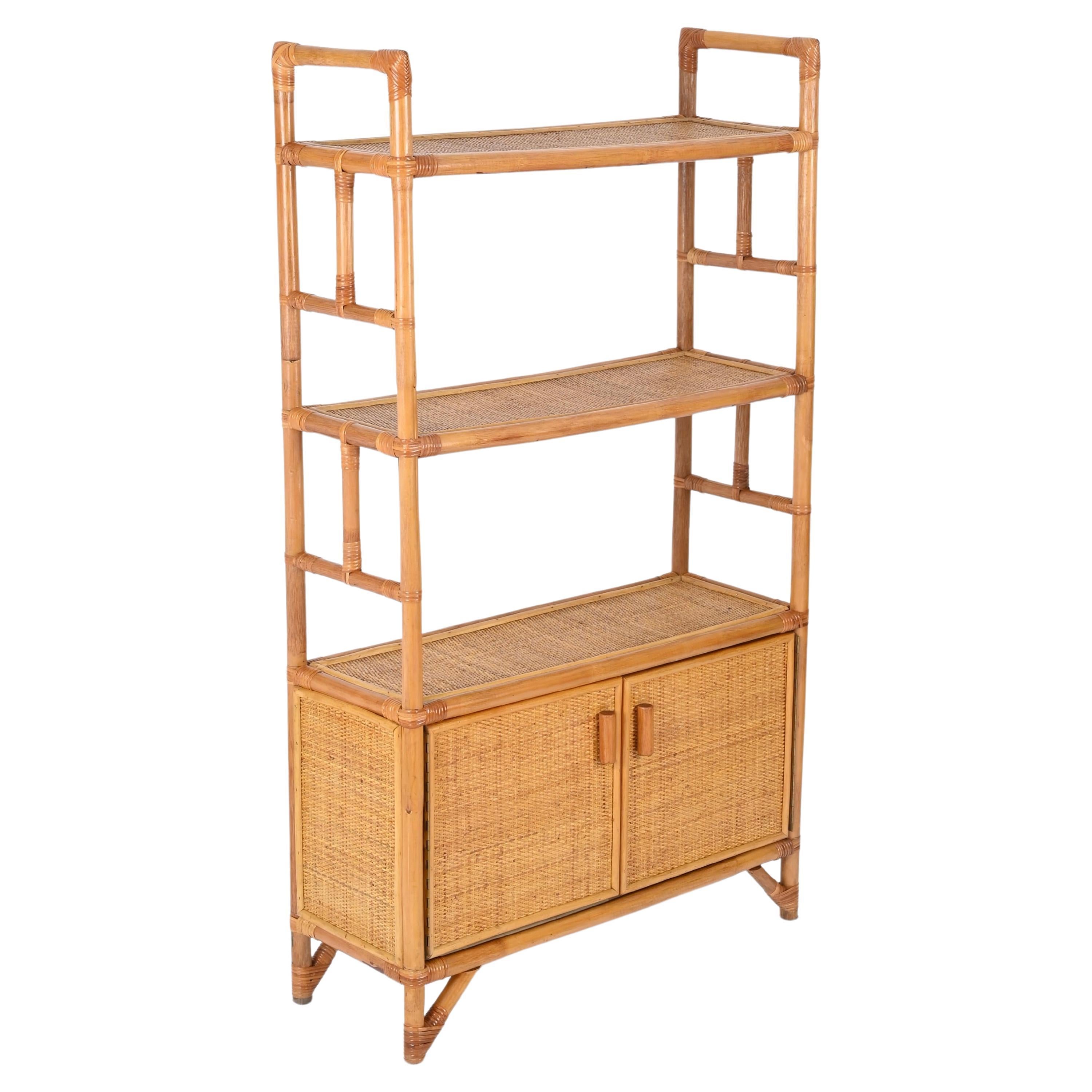 Midcentury Italian Modern Rattan and Bamboo Bookcase with Doors, 1970s For Sale