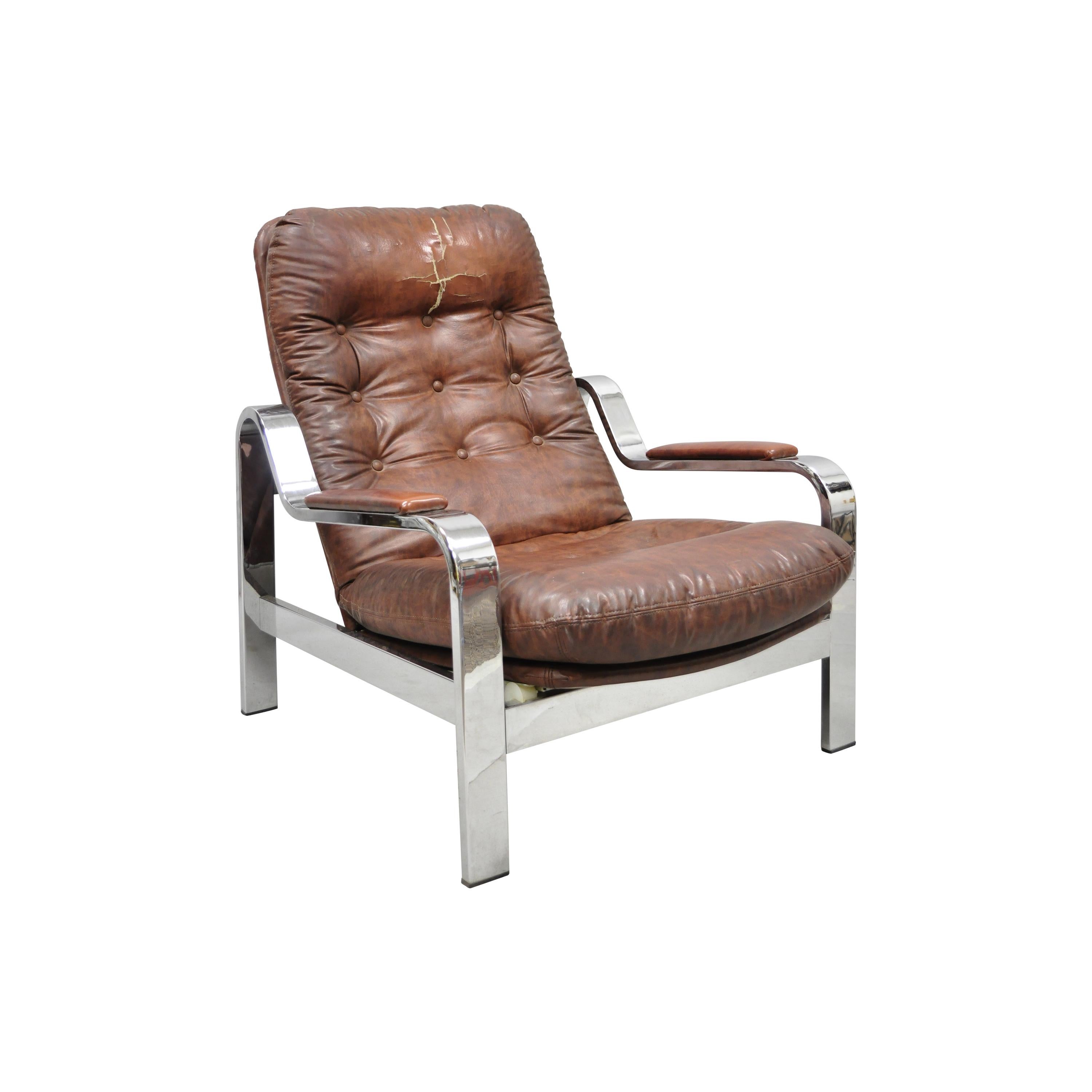 Midcentury Italian Modern Selig Chrome Reclining Recliner Lounge Chair