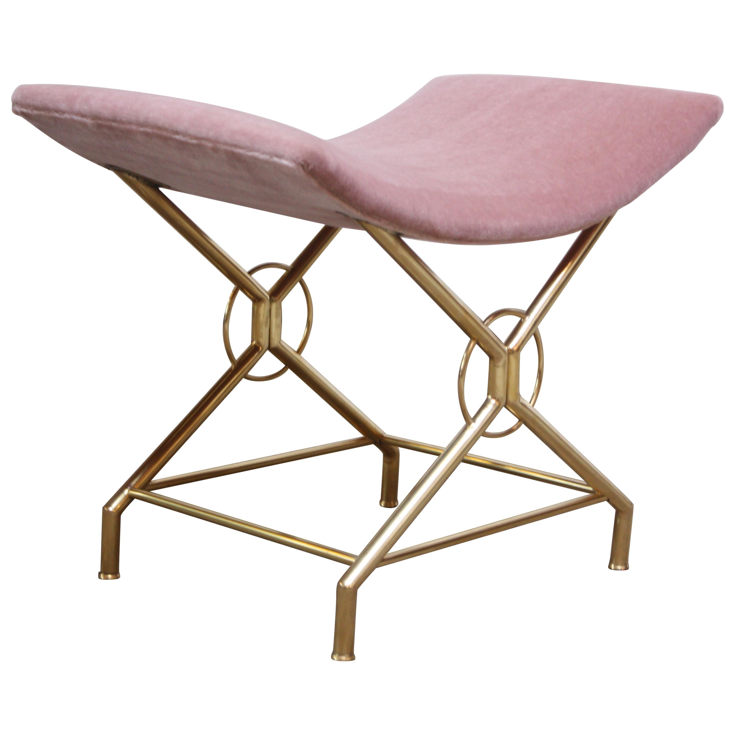 Midcentury Italian Modern Tubular Brass and Mohair Vanity Stool or Bench