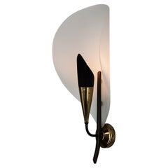 Midcentury Italian Modernist Curved Frosted Glass 
Brass Wall Lights, 1950s