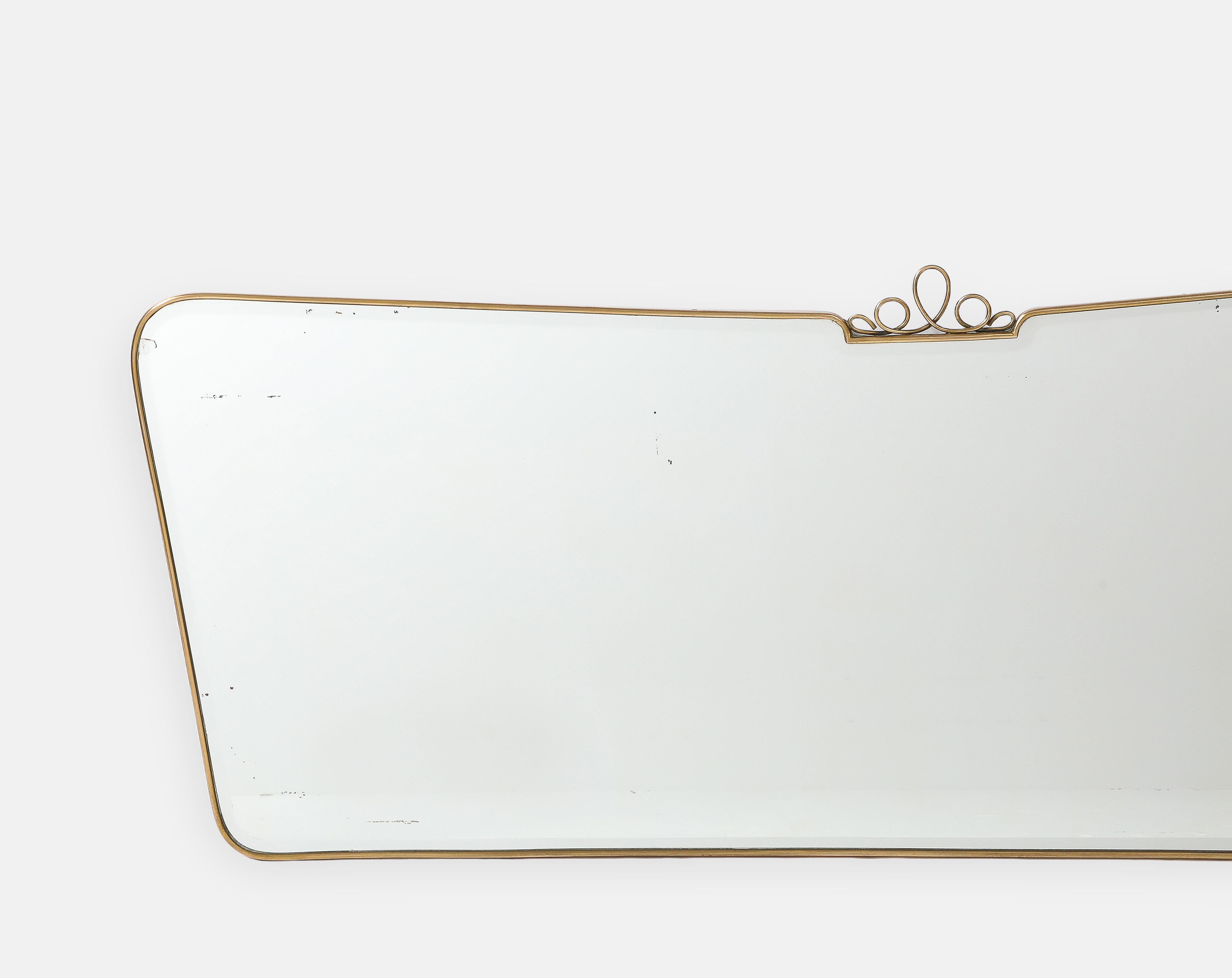 Midcentury Italian Modernist Horizontal Overmantel Brass Scroll Beveled Mirror In Good Condition For Sale In New York, NY