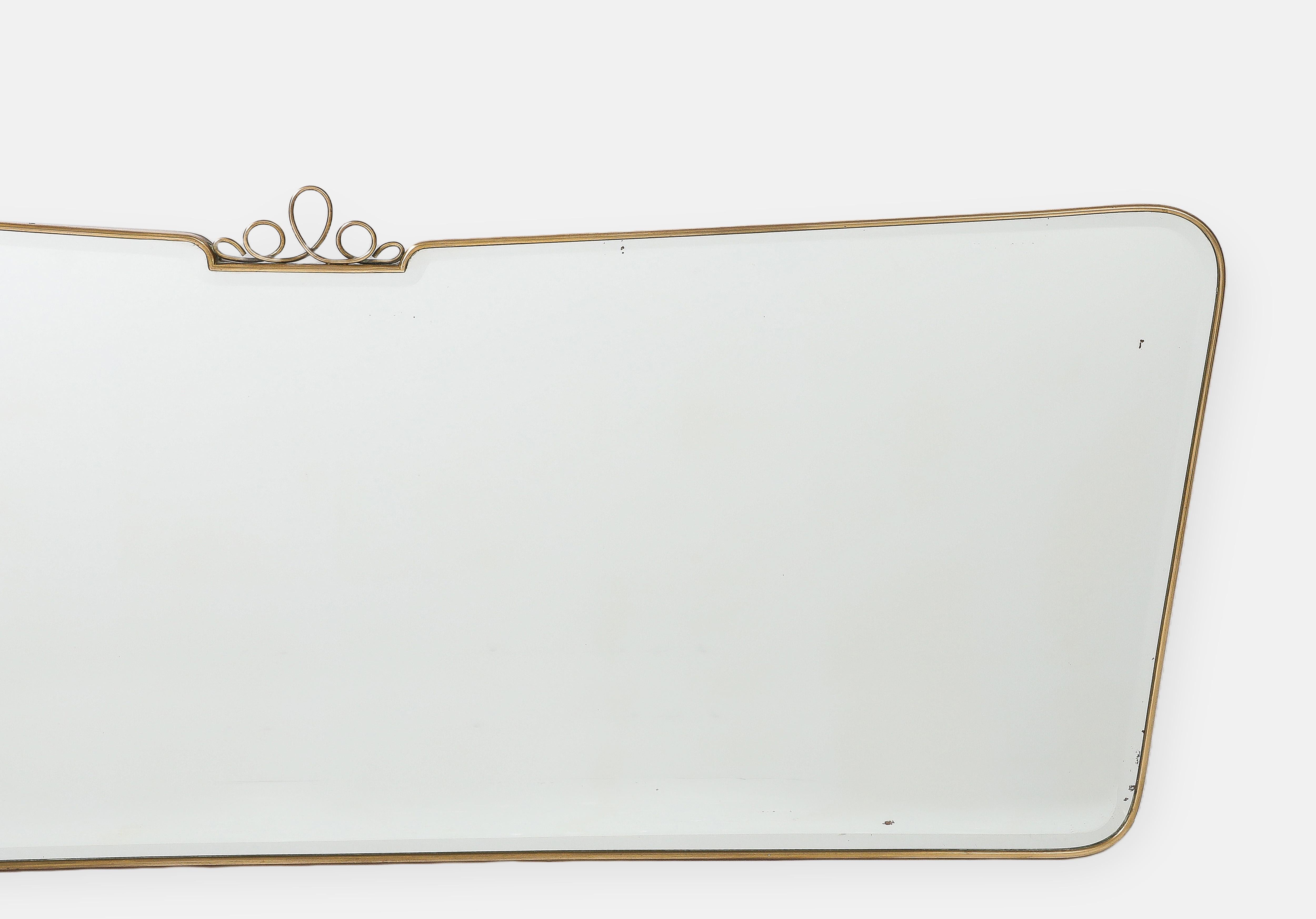 Mid-20th Century Midcentury Italian Modernist Horizontal Overmantel Brass Scroll Beveled Mirror For Sale