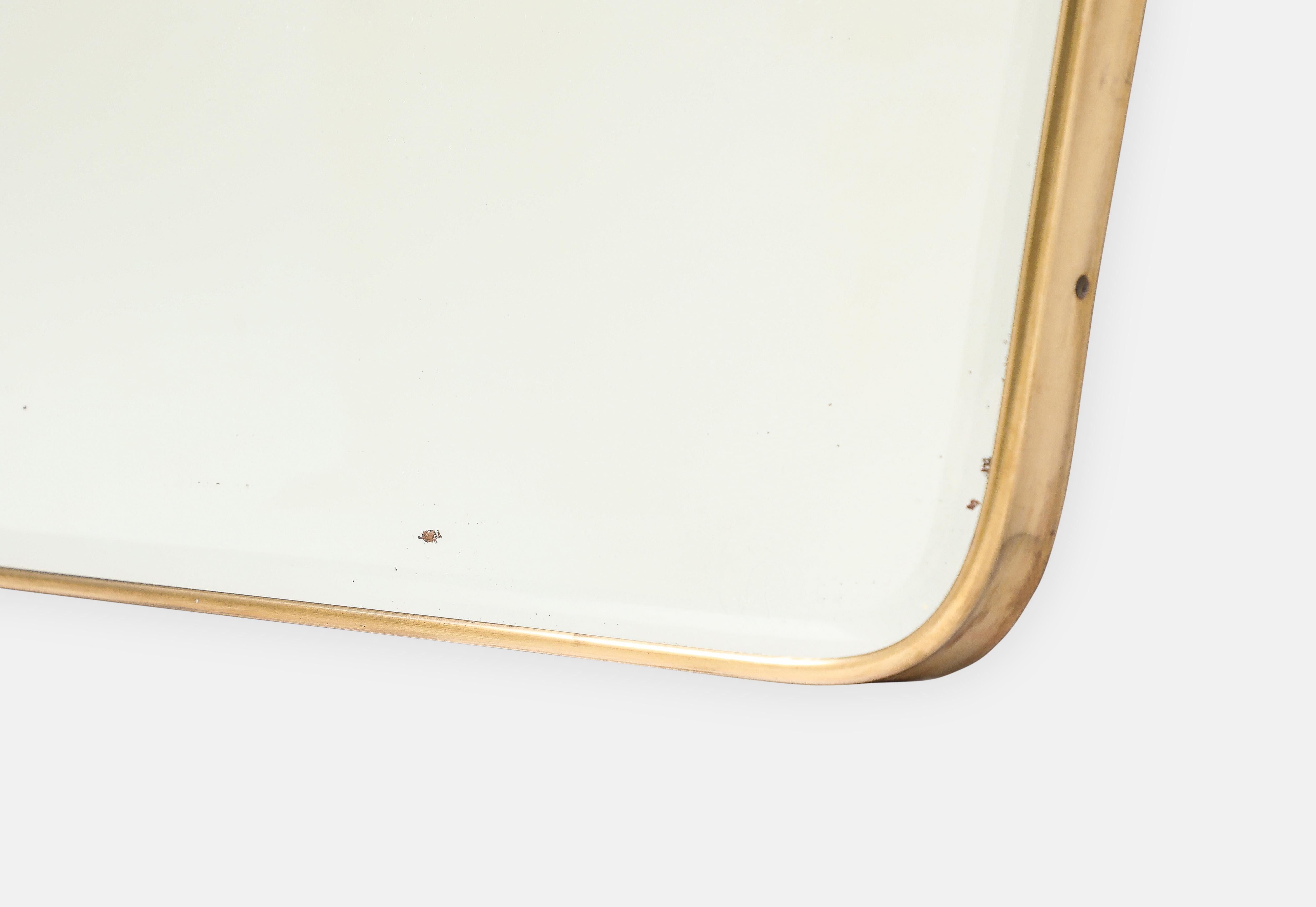 Midcentury Italian Modernist Horizontal Overmantel Brass Scroll Beveled Mirror For Sale 3
