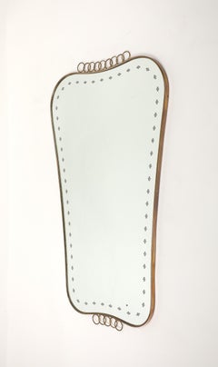 Midcentury Italian Large Etched Glass and Brass Mirror Scroll Decorations 1950s