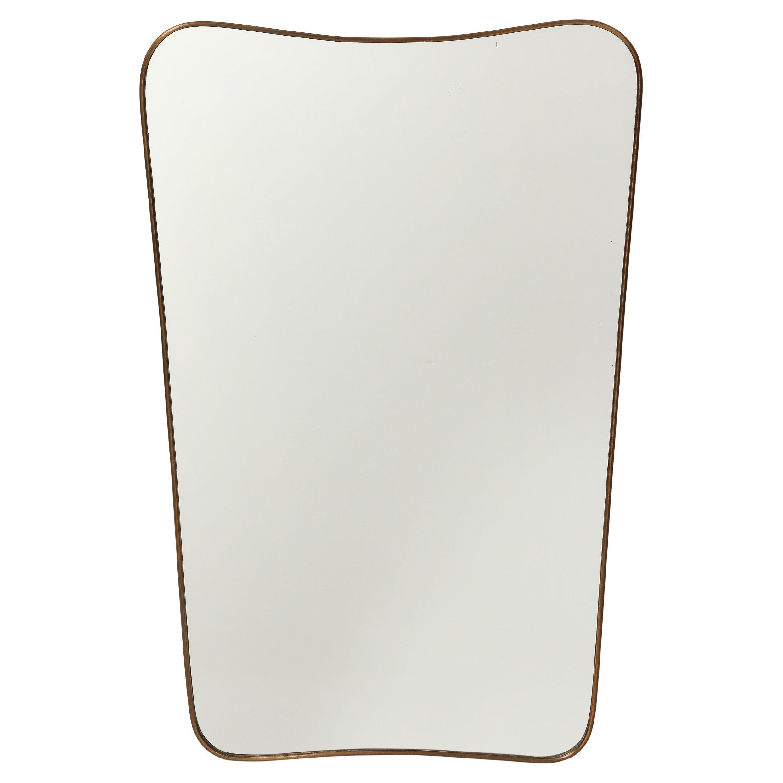 Midcentury Italian Modernist Large Shaped Brass Wall Mirror Gio Ponti Style 1950