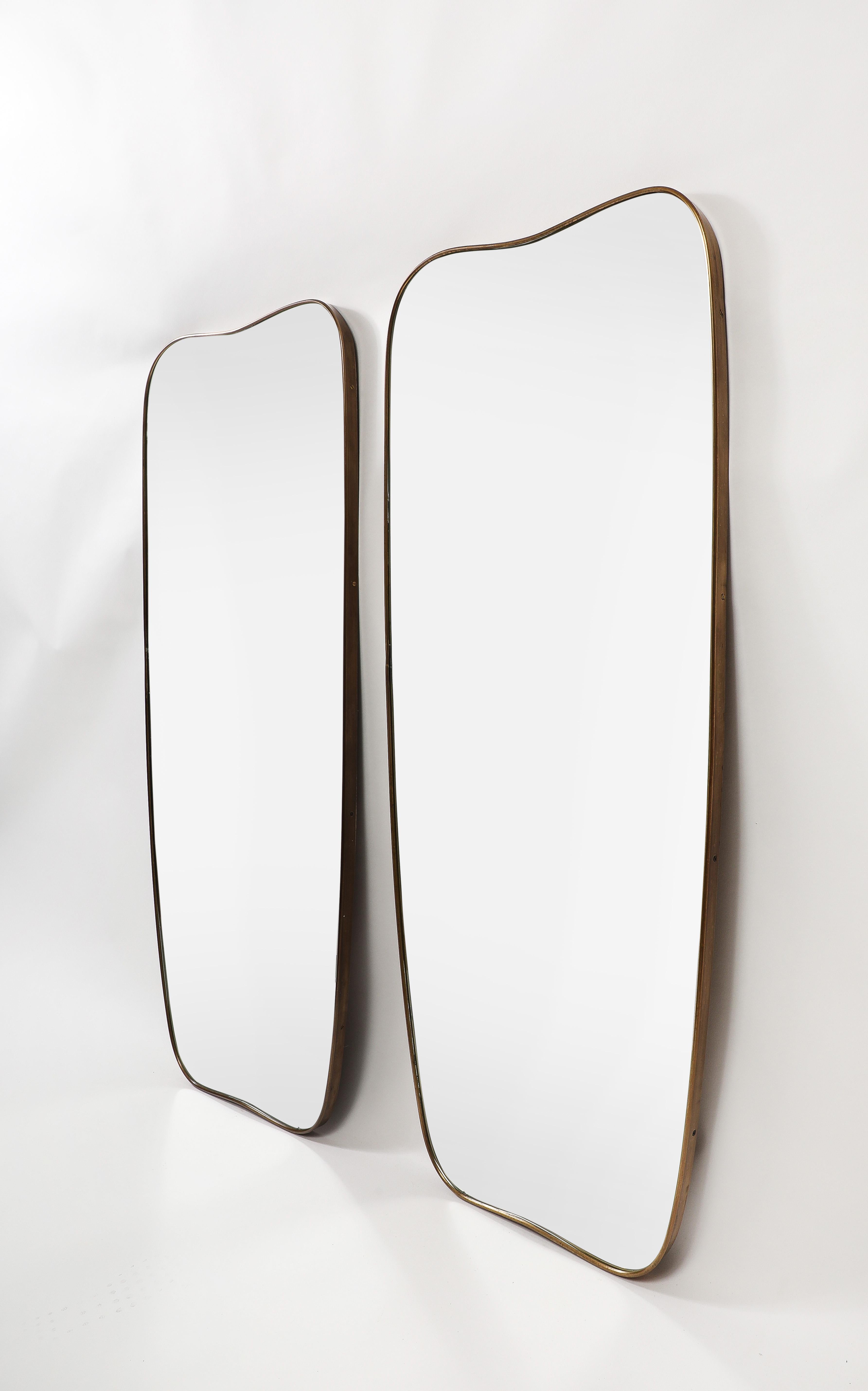 Mid-Century Modern Midcentury Italian Modernist Pair of Grand Scale Shaped Brass Mirrors, 1950s For Sale