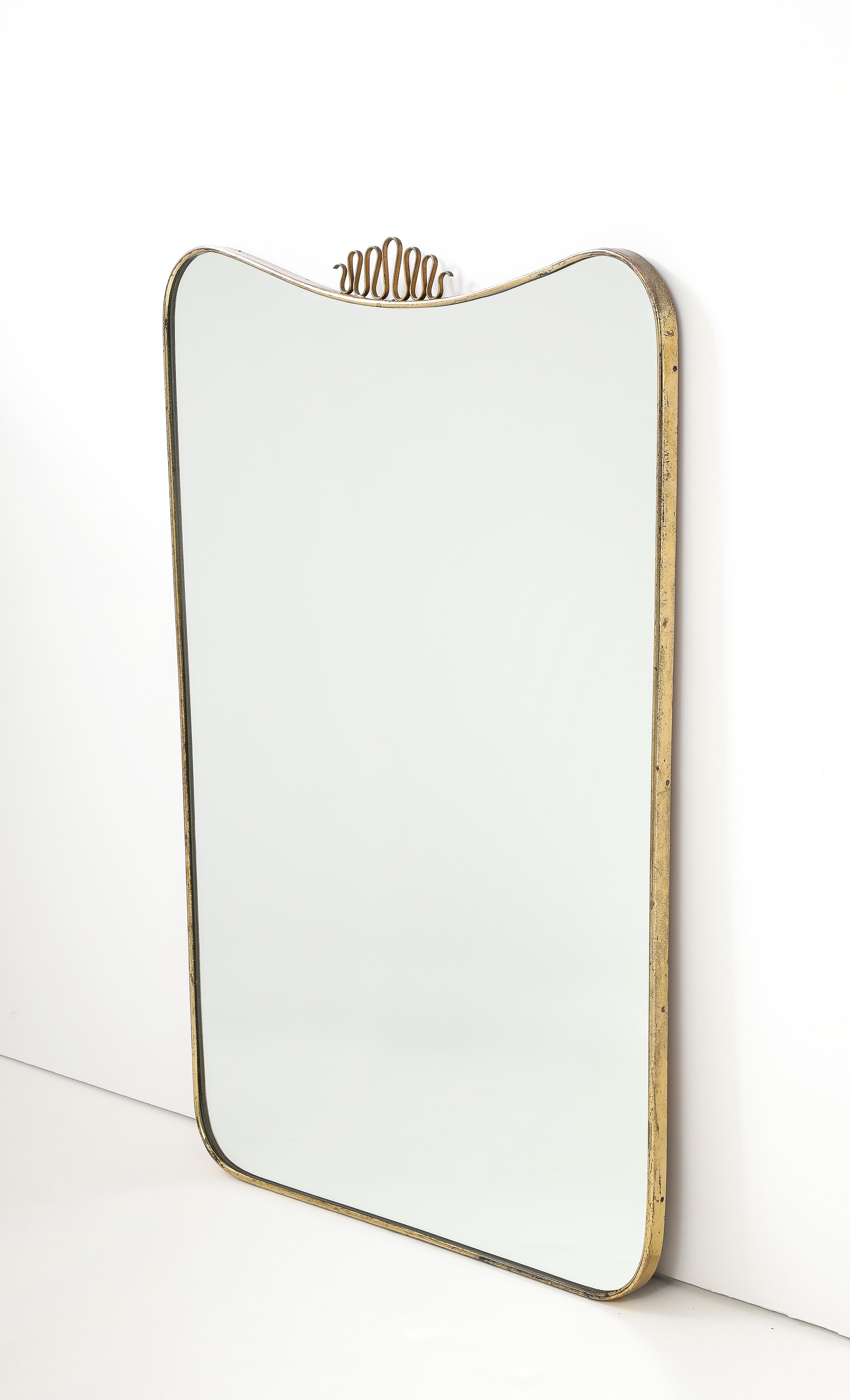 Mid-Century Modern Midcentury Italian Modernist Scroll Top Brass Mirror in the Style of Gio Ponti For Sale