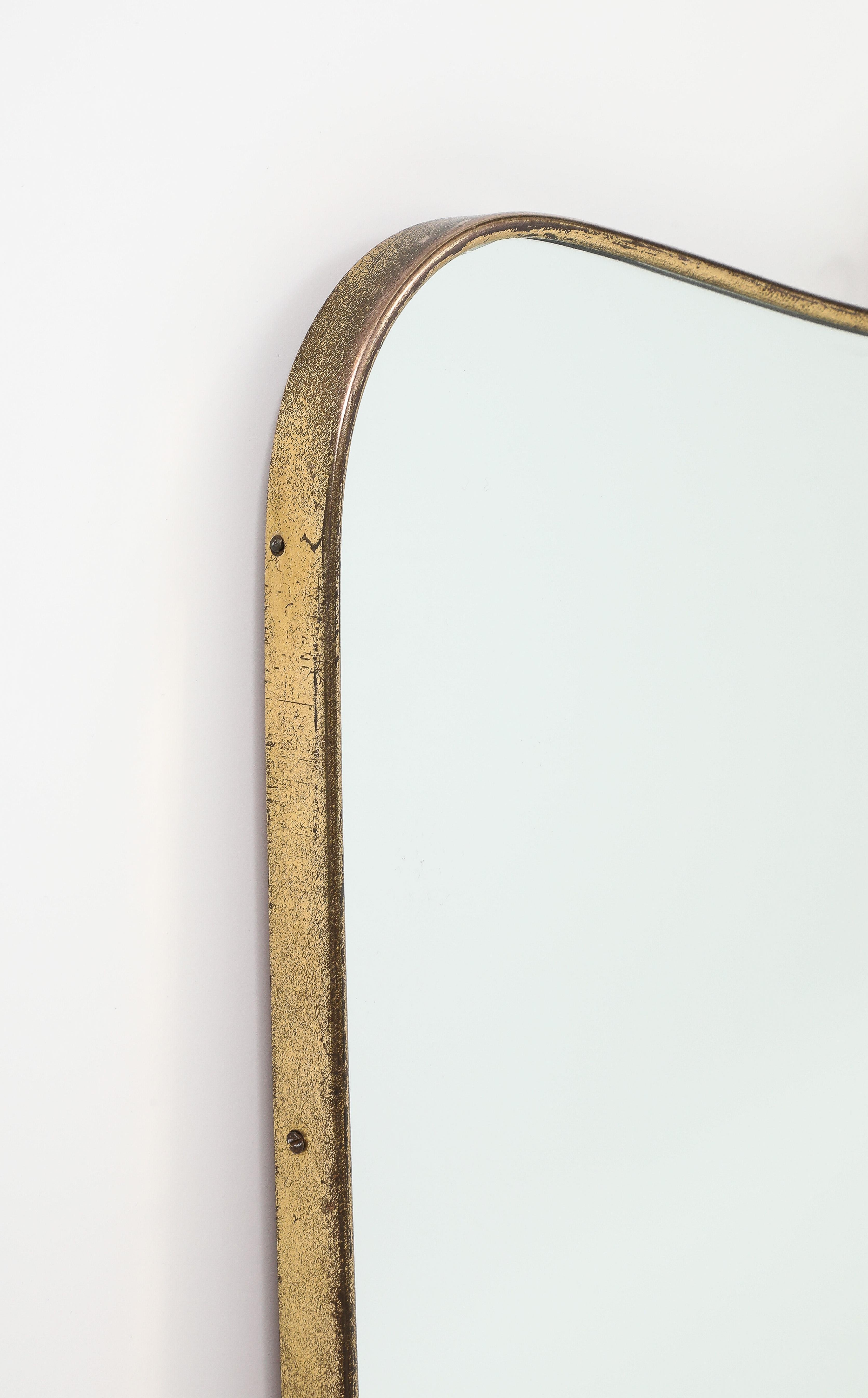 Midcentury Italian Modernist Scroll Top Brass Mirror in the Style of Gio Ponti For Sale 1