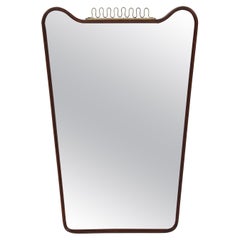 Midcentury Italian Modernist Shaped Walnut Brass Scroll Beveled Mirror, 1950s