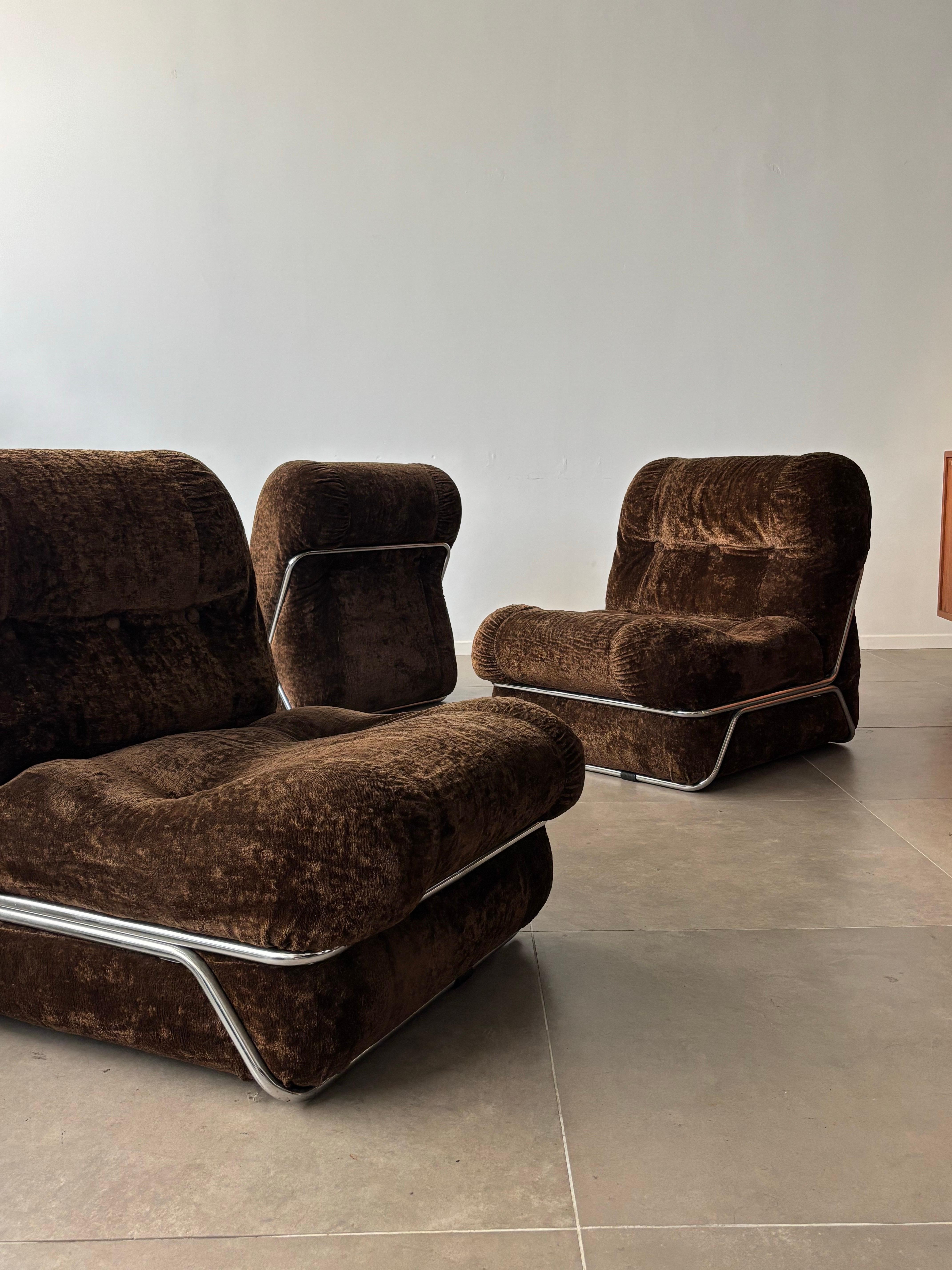 Italienisches modulares Sofa aus der Jahrhundertmitte, brauner Stoff und Chrom, 1960er Jahre Italien im Angebot 2