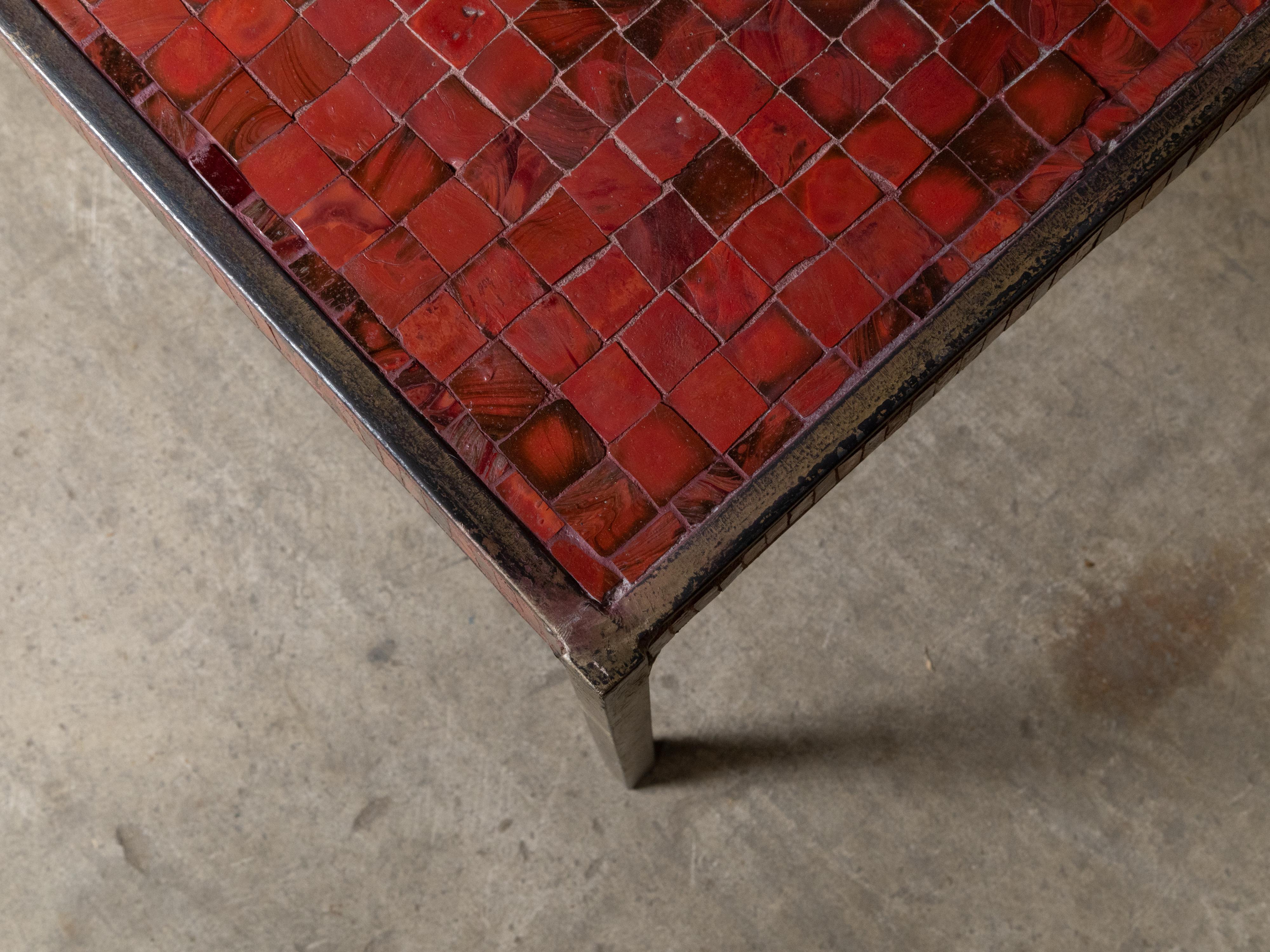 Midcentury Italian Mosaic Table with Iron Base and Red Glass Tile Style Top For Sale 5