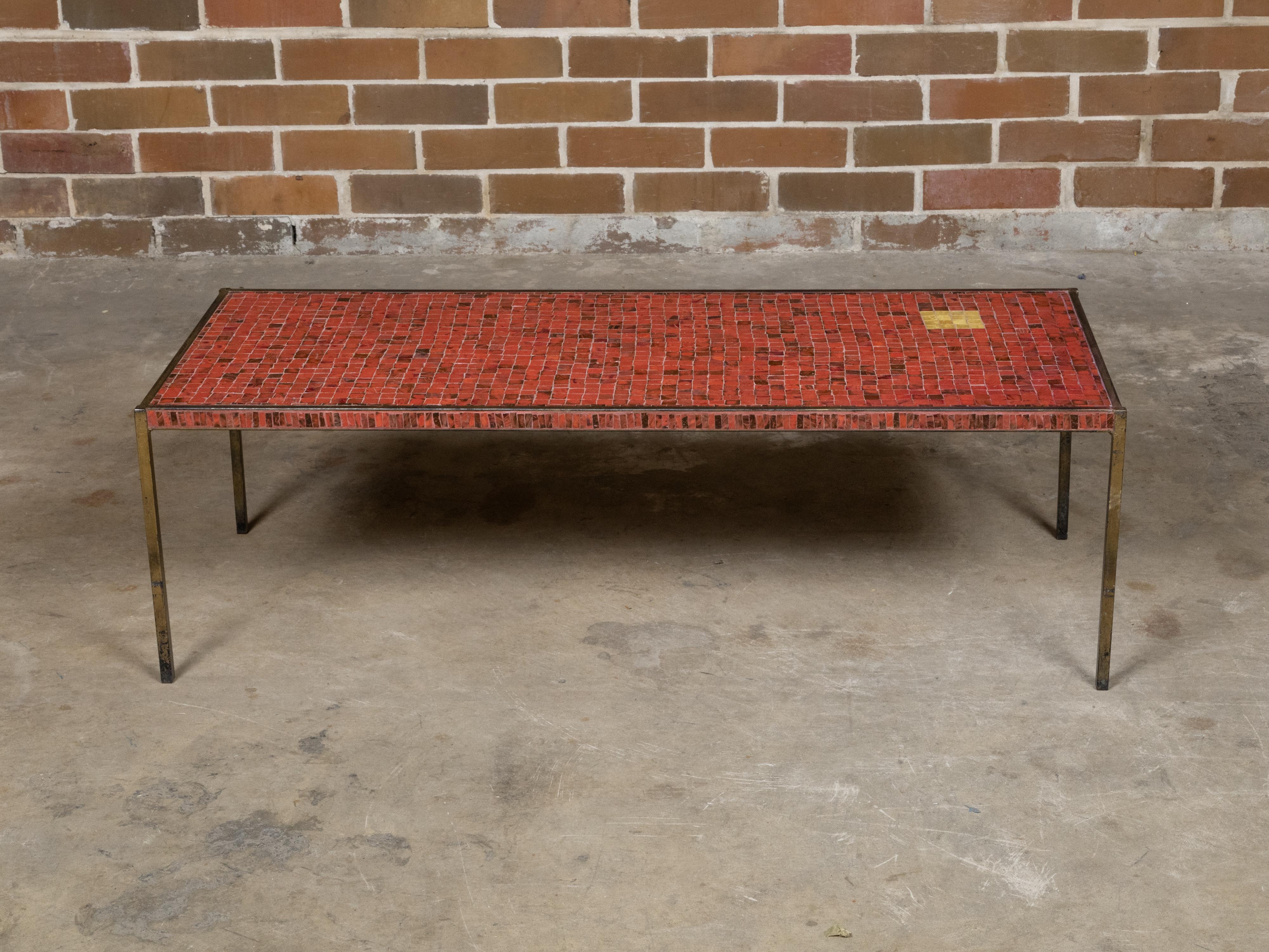 Midcentury Italian Mosaic Table with Iron Base and Red Glass Tile Style Top For Sale 6