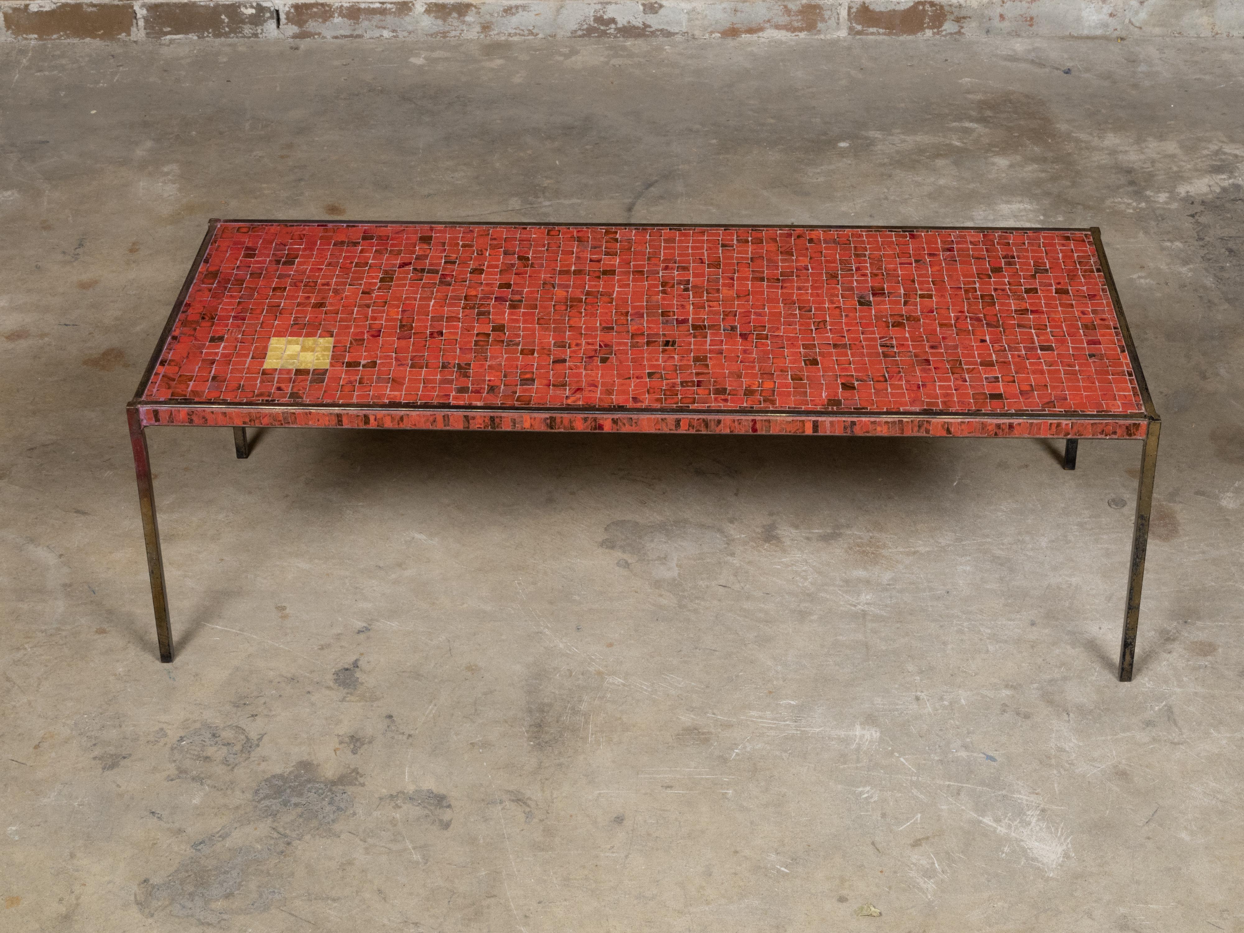 Mid-Century Modern Midcentury Italian Mosaic Table with Iron Base and Red Glass Tile Style Top For Sale
