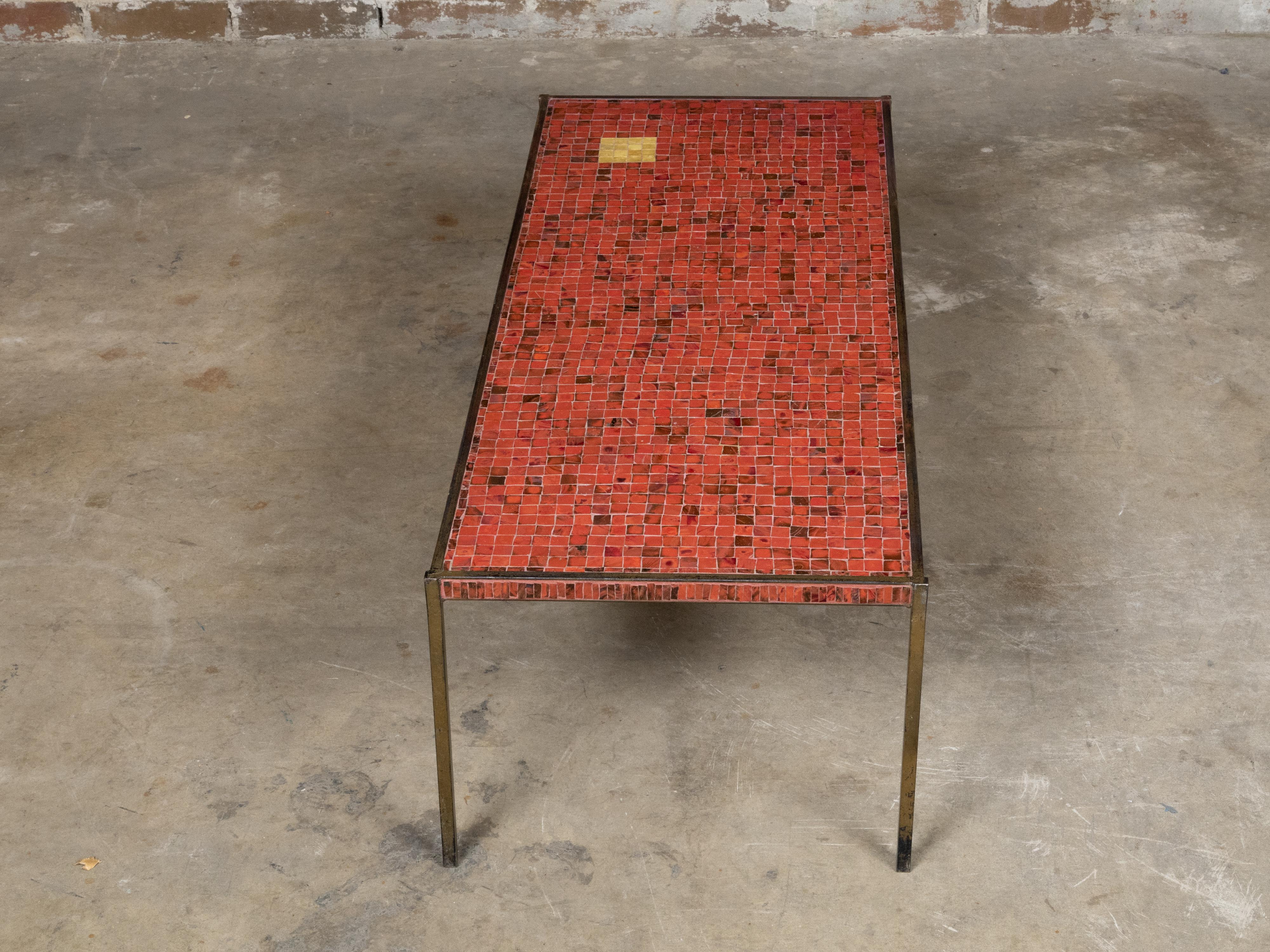 Gilt Midcentury Italian Mosaic Table with Iron Base and Red Glass Tile Style Top For Sale