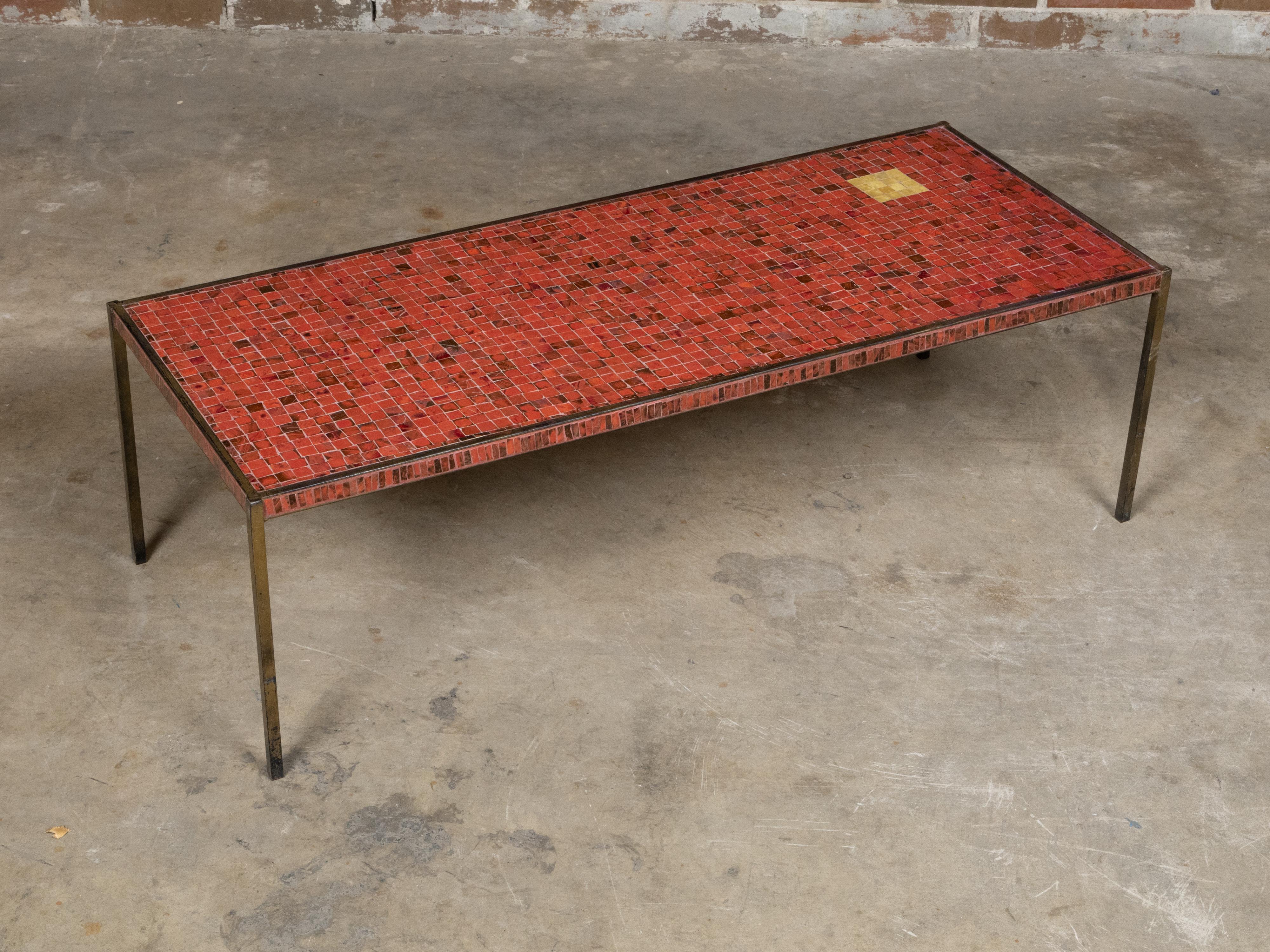 Midcentury Italian Mosaic Table with Iron Base and Red Glass Tile Style Top In Good Condition For Sale In Atlanta, GA