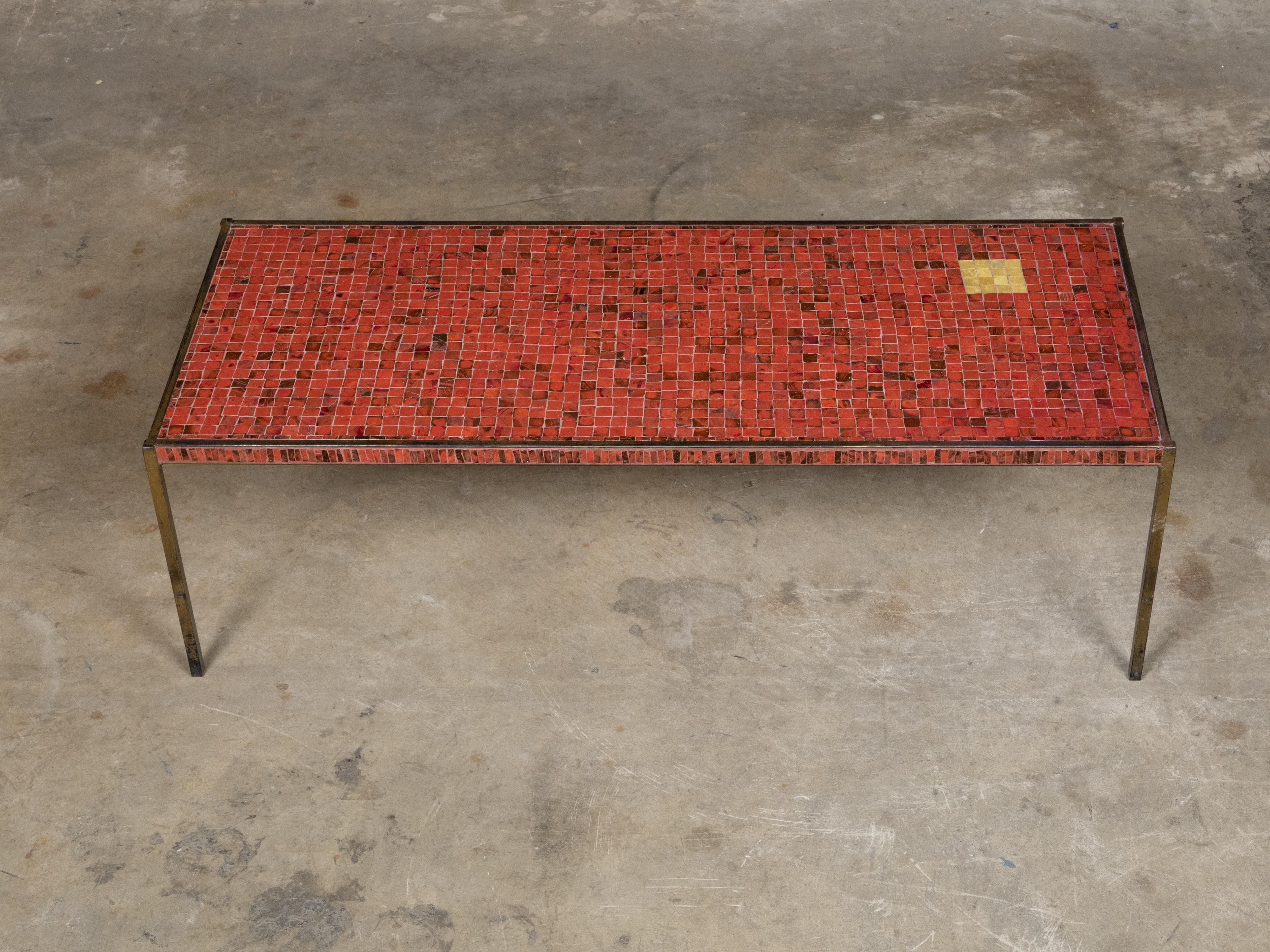 20th Century Midcentury Italian Mosaic Table with Iron Base and Red Glass Tile Style Top For Sale