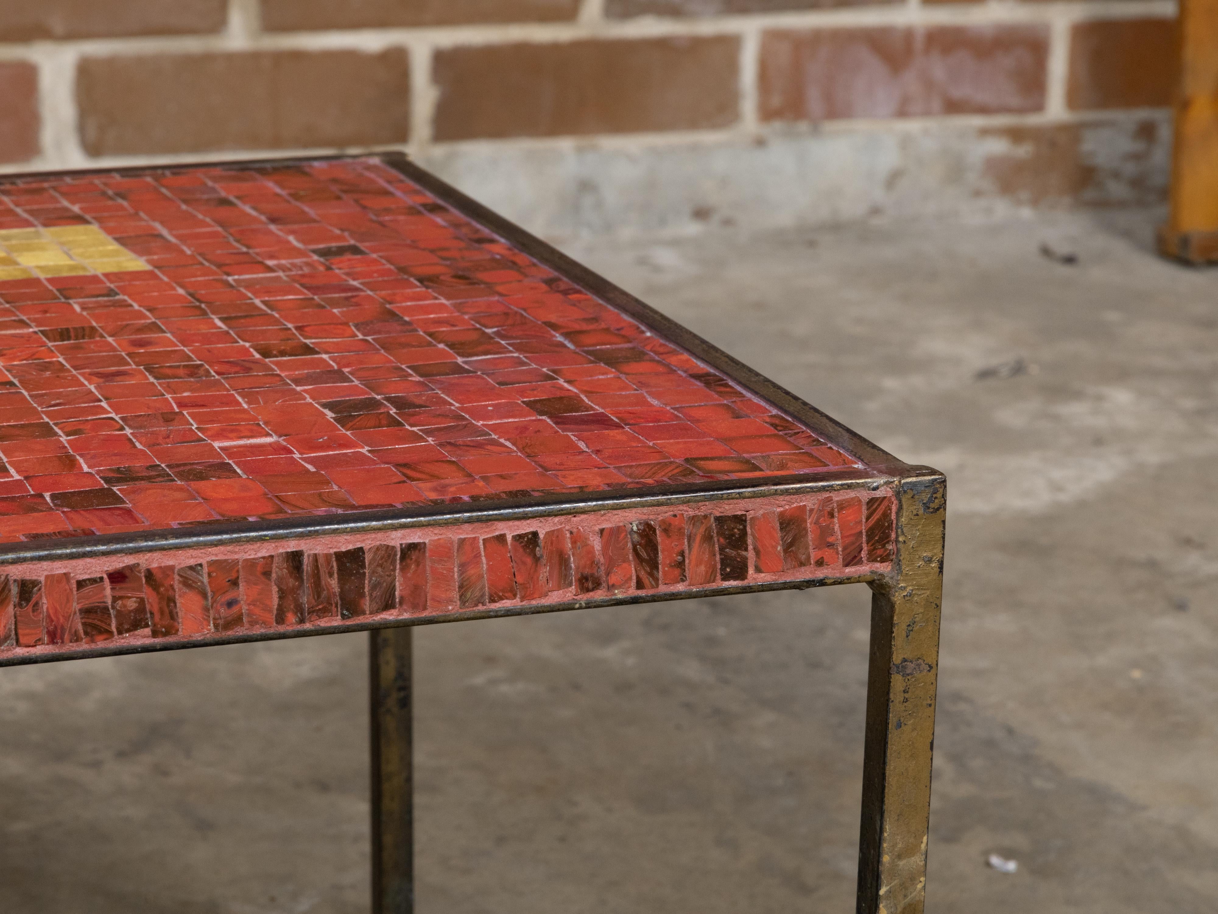 Midcentury Italian Mosaic Table with Iron Base and Red Glass Tile Style Top For Sale 1