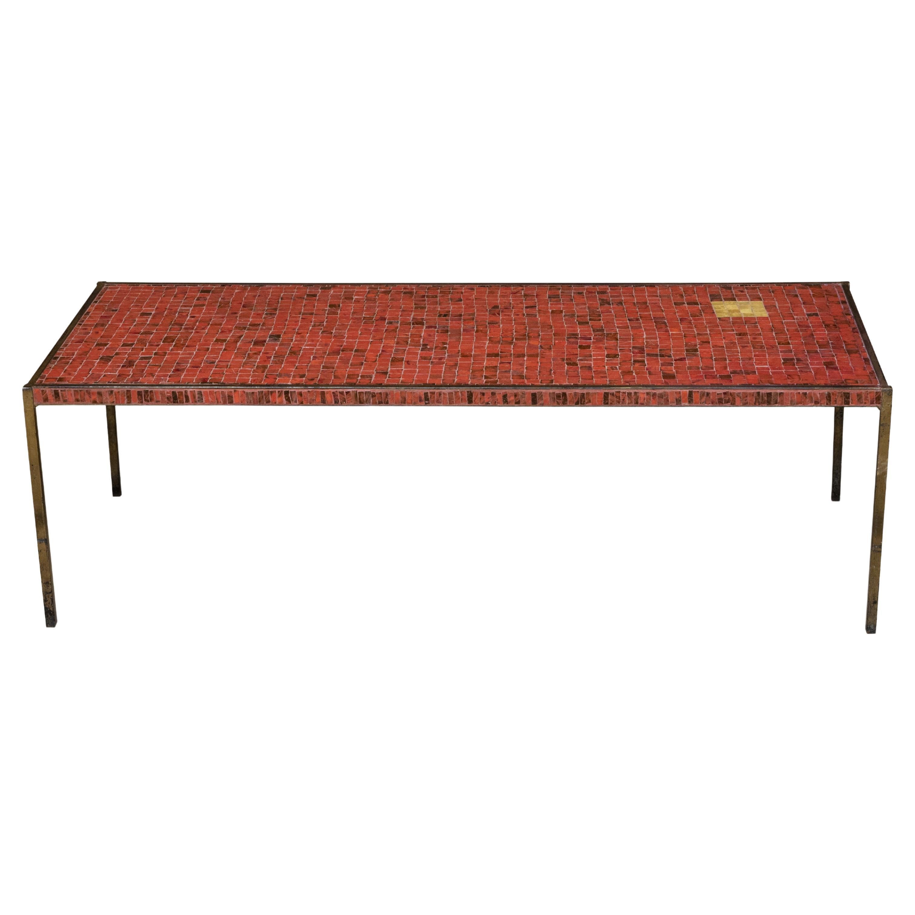 Midcentury Italian Mosaic Table with Iron Base and Red Glass Tile Style Top