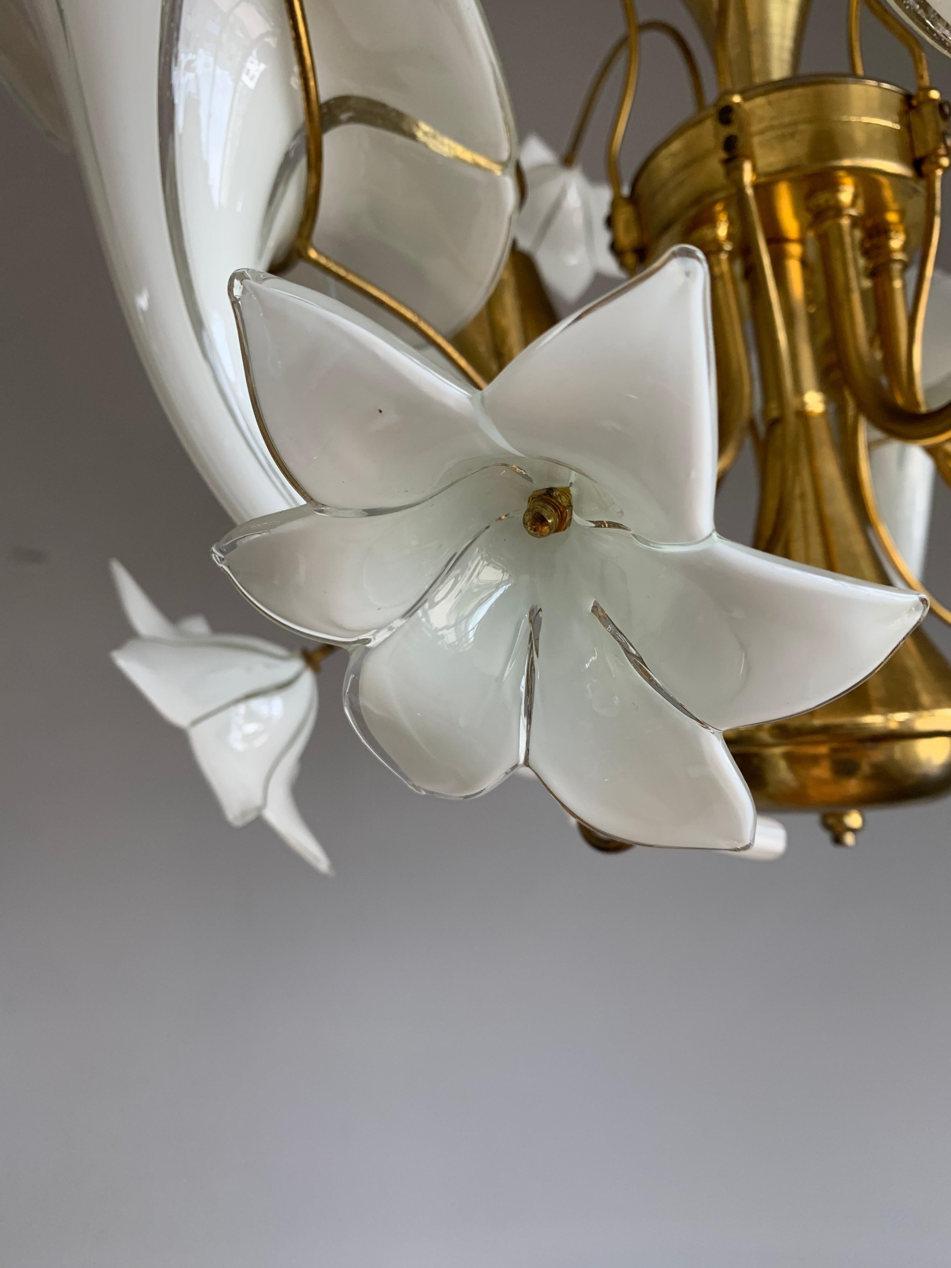 Midcentury Italian Murano Chandelier w. Stunning Mouthblown Glass Flower Shades 3