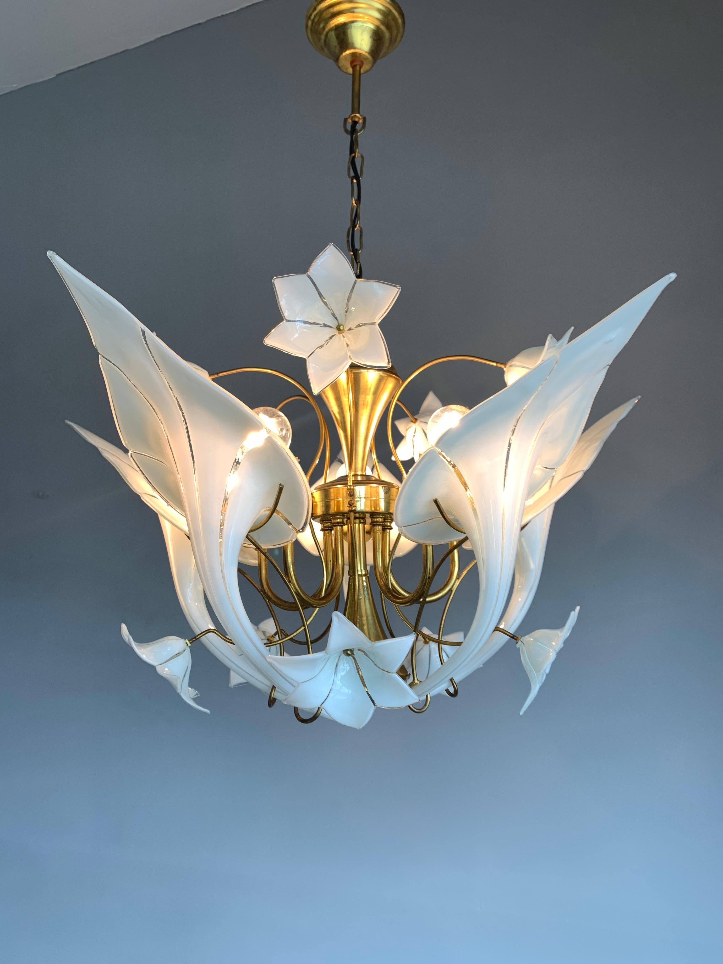 Midcentury Italian Murano Chandelier w. Stunning Mouthblown Glass Flower Shades 6