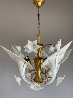 Midcentury Italian Murano Chandelier w. Stunning Mouthblown Glass Flower Shades