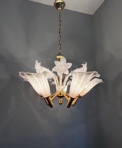 Midcentury Italian Murano Chandelier w. Stunning Mouthblown Glass Flower Shades