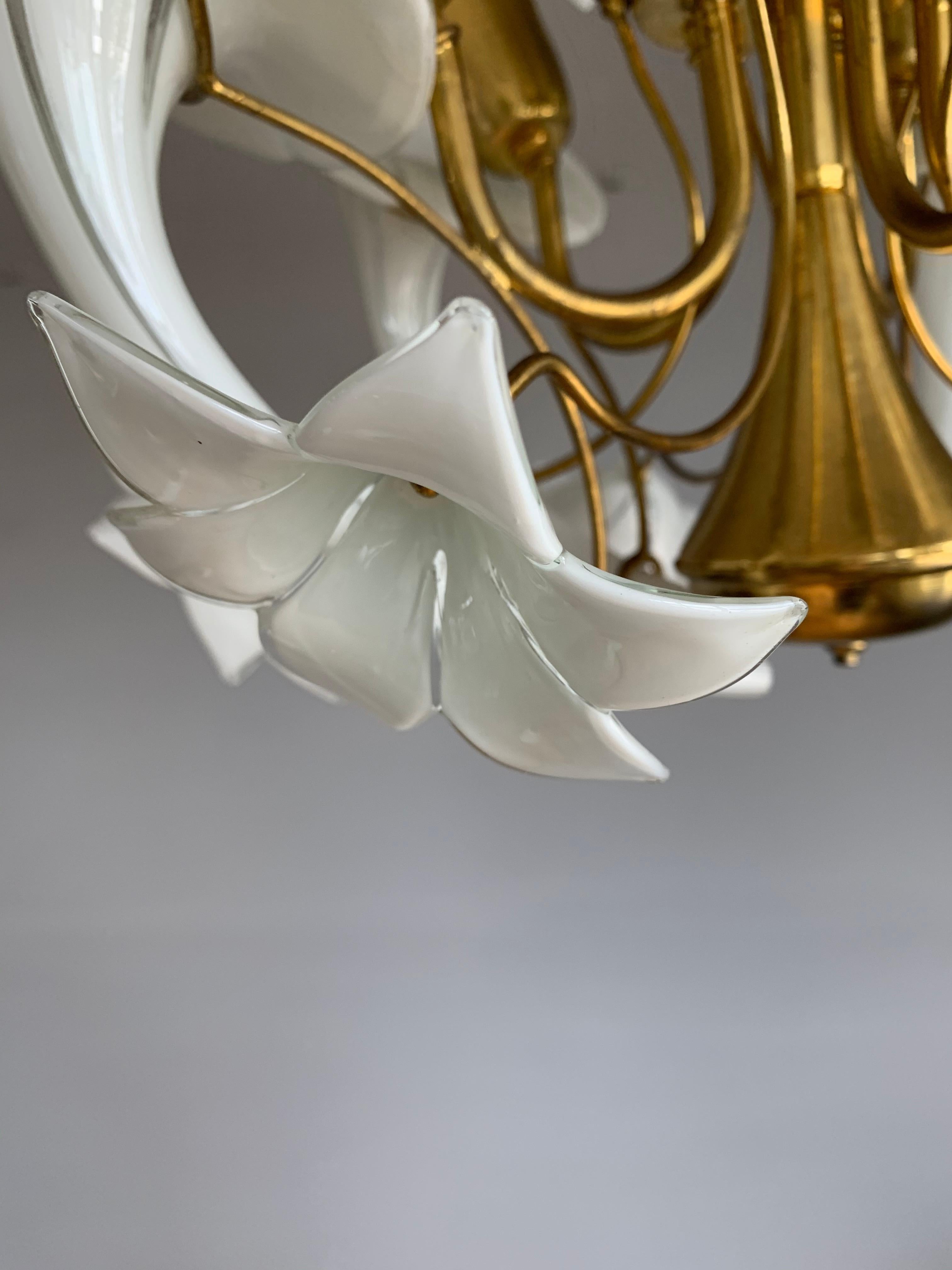 Midcentury Italian Murano Chandelier w. Stunning Mouthblown Glass Flower Shades 13