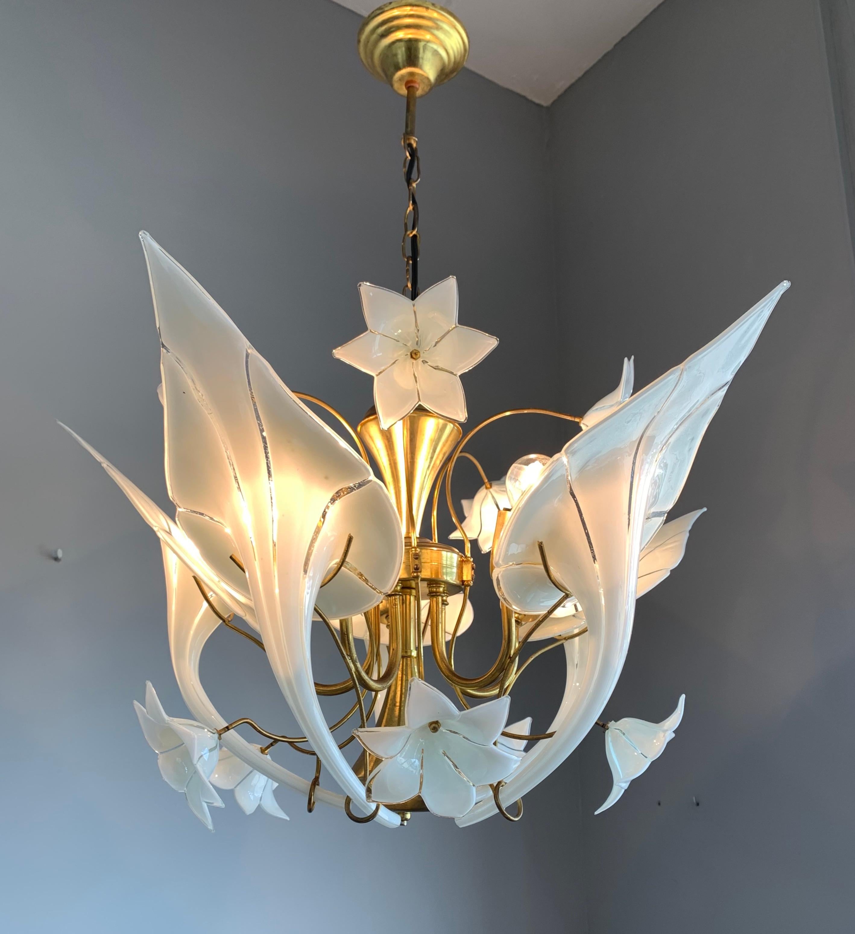 Hand-Crafted Midcentury Italian Murano Chandelier w. Stunning Mouthblown Glass Flower Shades