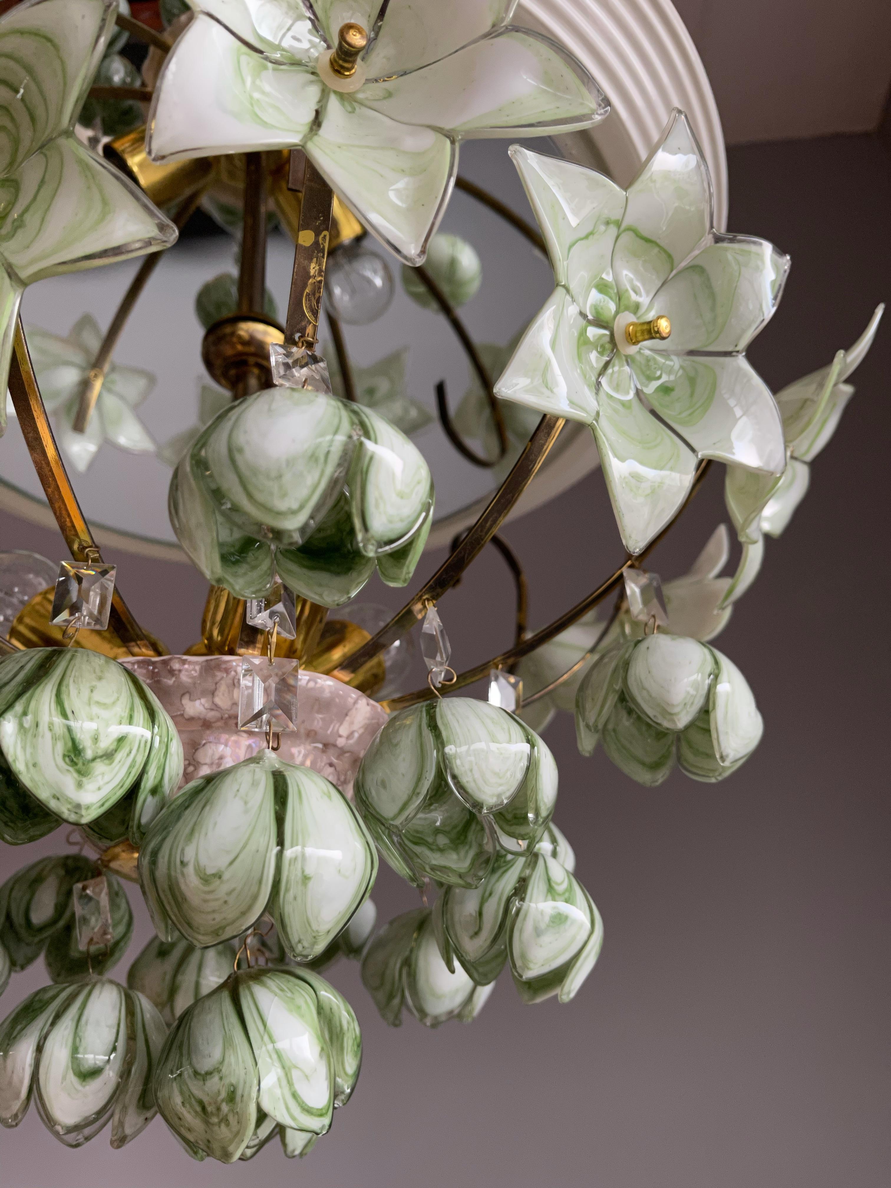 Midcentury Italian Murano Flush Mount w. Stunning Mouthblown Green Glass Flowers 9