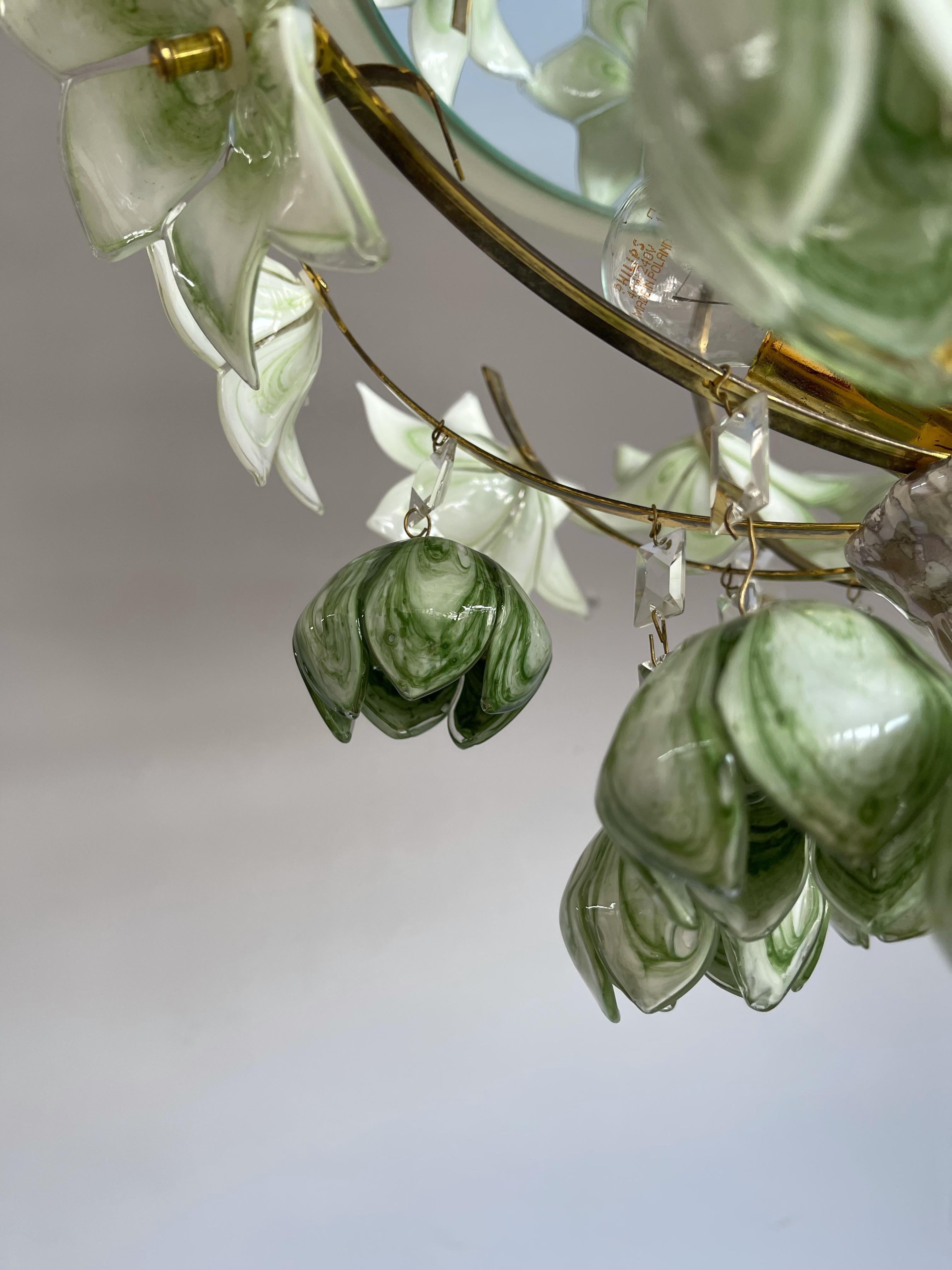 Midcentury Italian Murano Flush Mount w. Stunning Mouthblown Green Glass Flowers 10