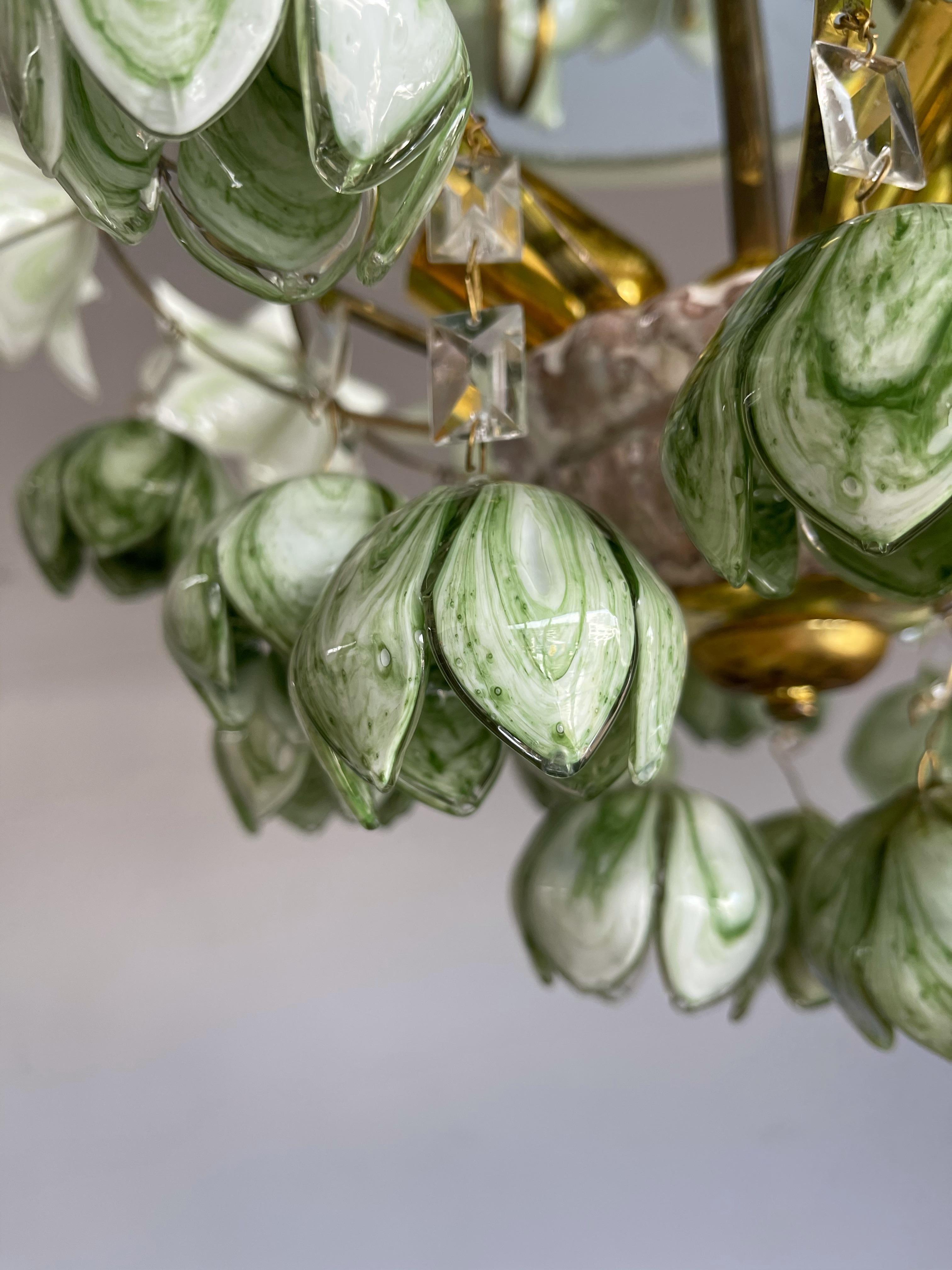 Midcentury Italian Murano Flush Mount w. Stunning Mouthblown Green Glass Flowers 11